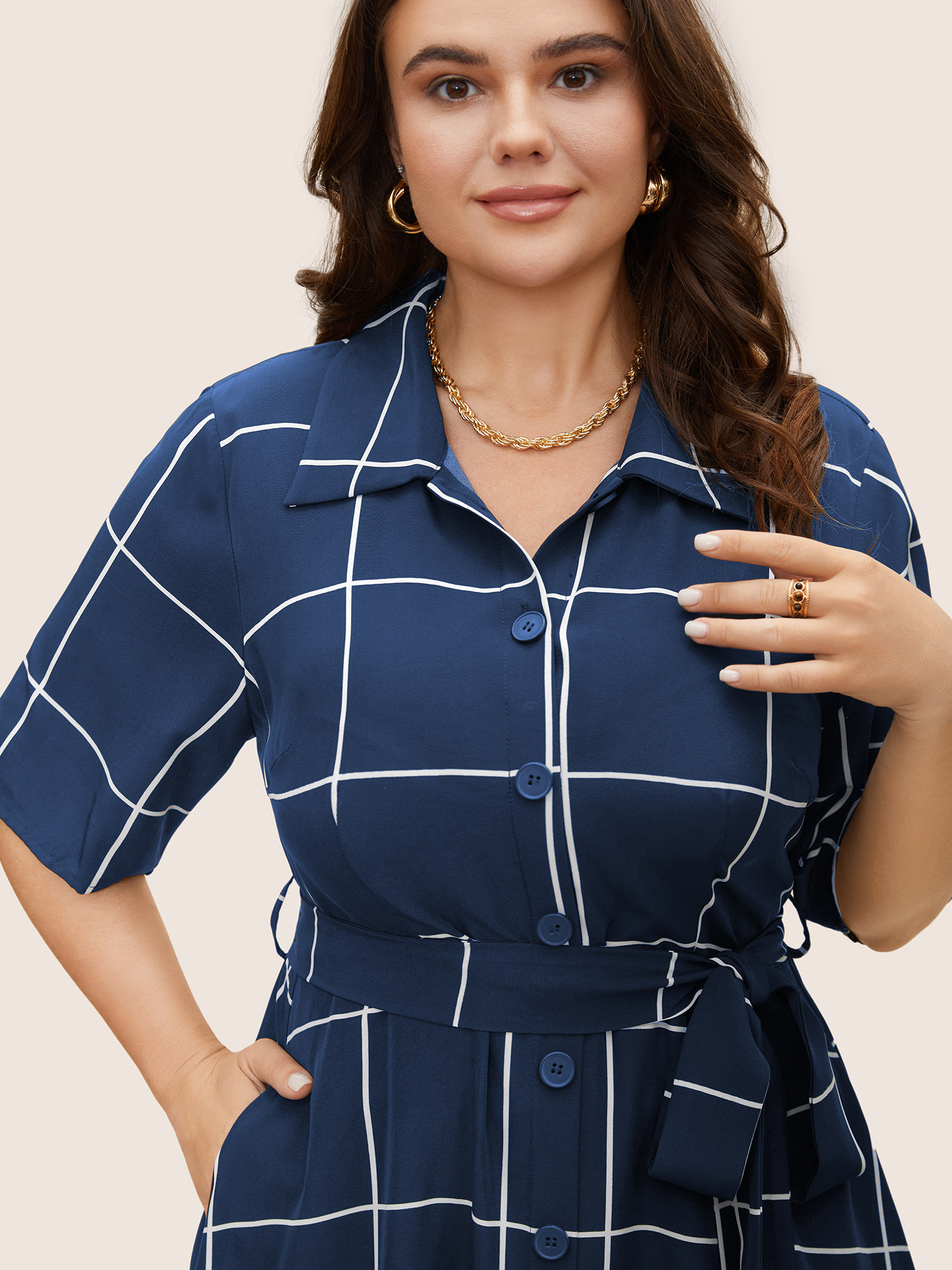 

Plus Size Plaid Shirt Collar Button Detail Belted Dress DarkBlue Women At the Office Belted Shirt collar Half Sleeve Curvy BloomChic