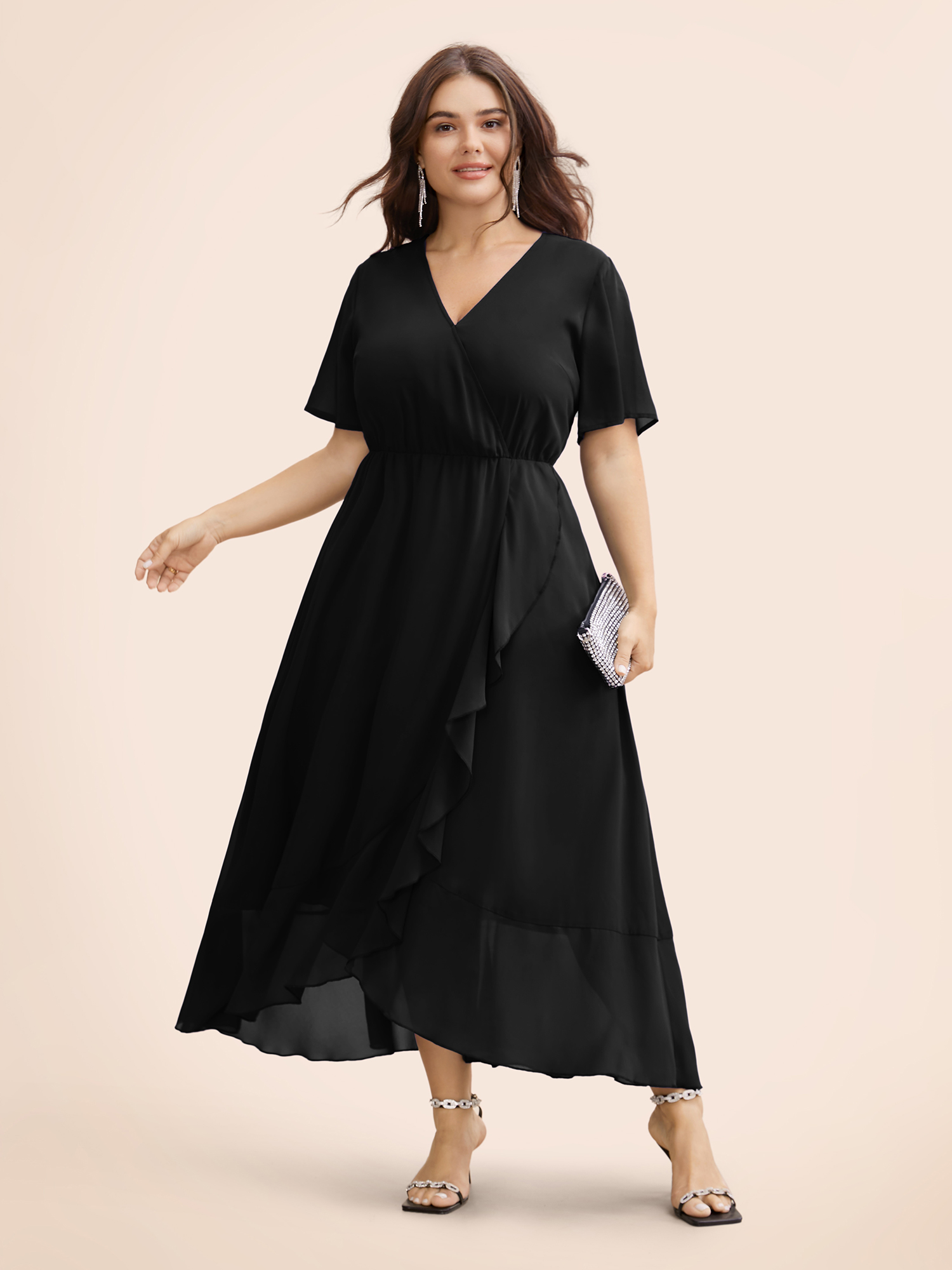 

Plus Size Chiffon Overlap Collar Ruffle Sleeve Dress Black Women Formal See through Overlap Collar Short sleeve Curvy BloomChic