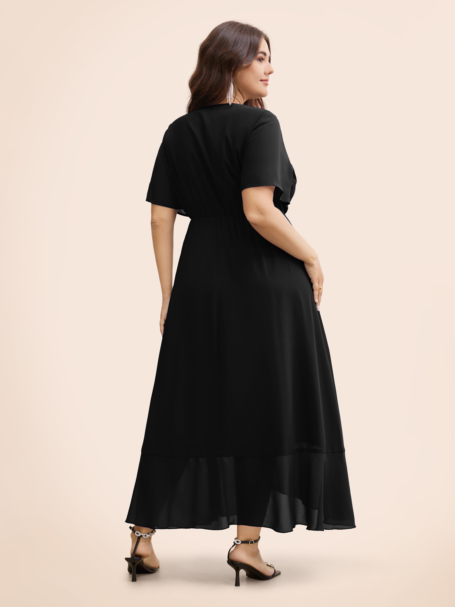 

Plus Size Chiffon Overlap Collar Ruffle Sleeve Dress Black Women Formal See through Overlap Collar Short sleeve Curvy BloomChic