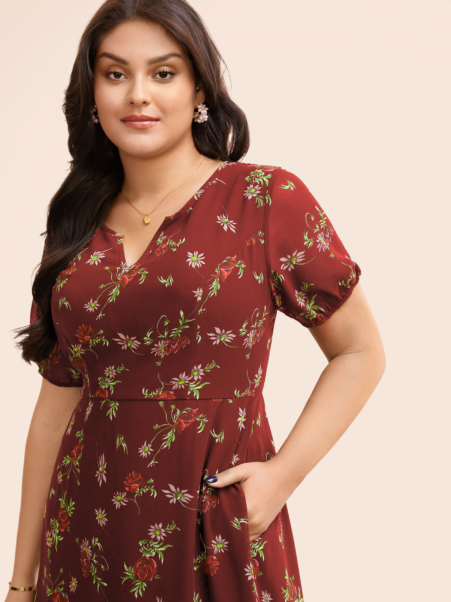 Plus Size Floral Notched Chiffon Mesh Midi Dress Burgundy Women Elegant See through Notched collar Short sleeve Curvy BloomChic 30/6X 