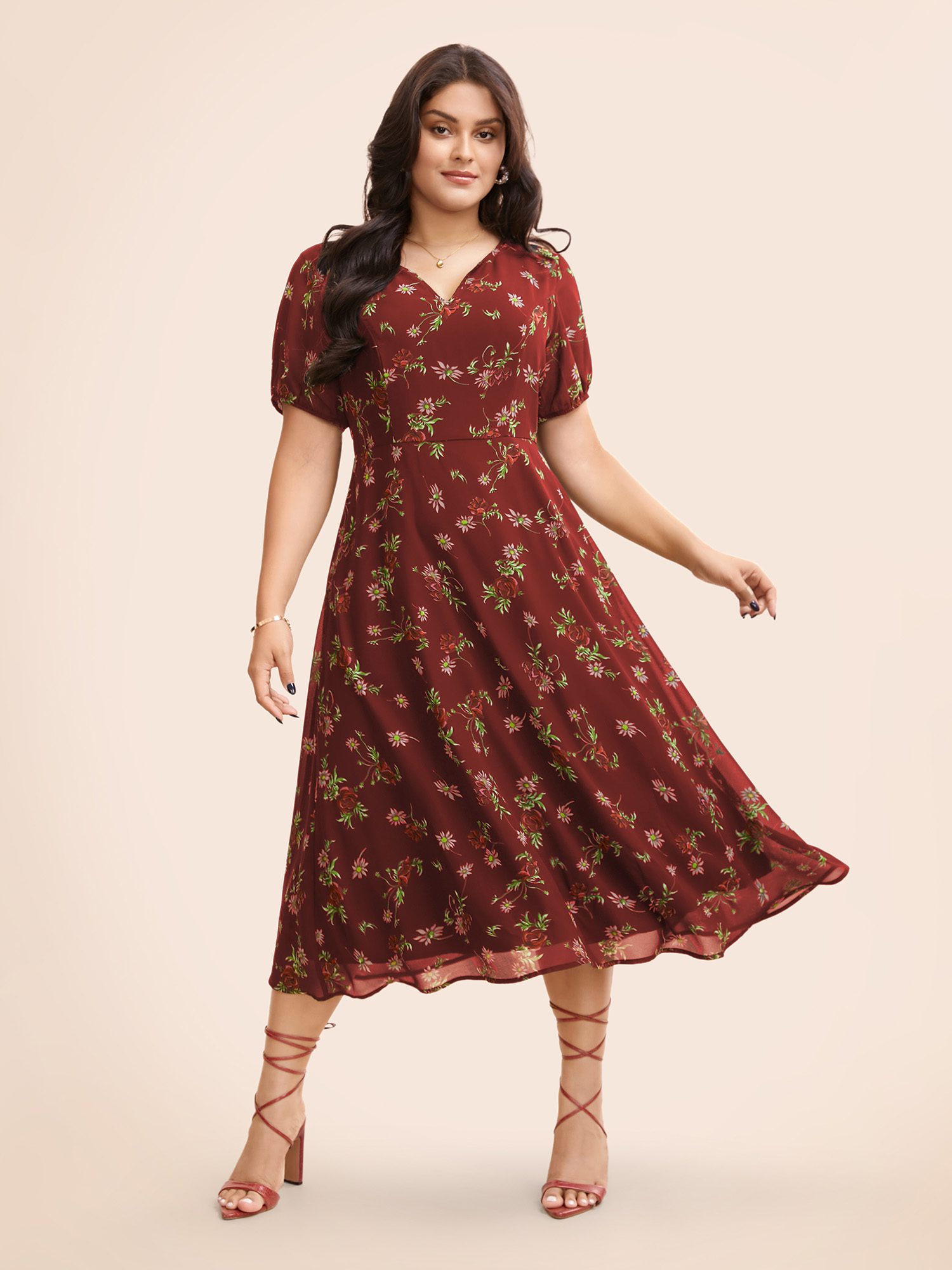 Plus Size Floral Notched Chiffon Mesh Midi Dress Burgundy Women Elegant See through Notched collar Short sleeve Curvy BloomChic 30/6X 