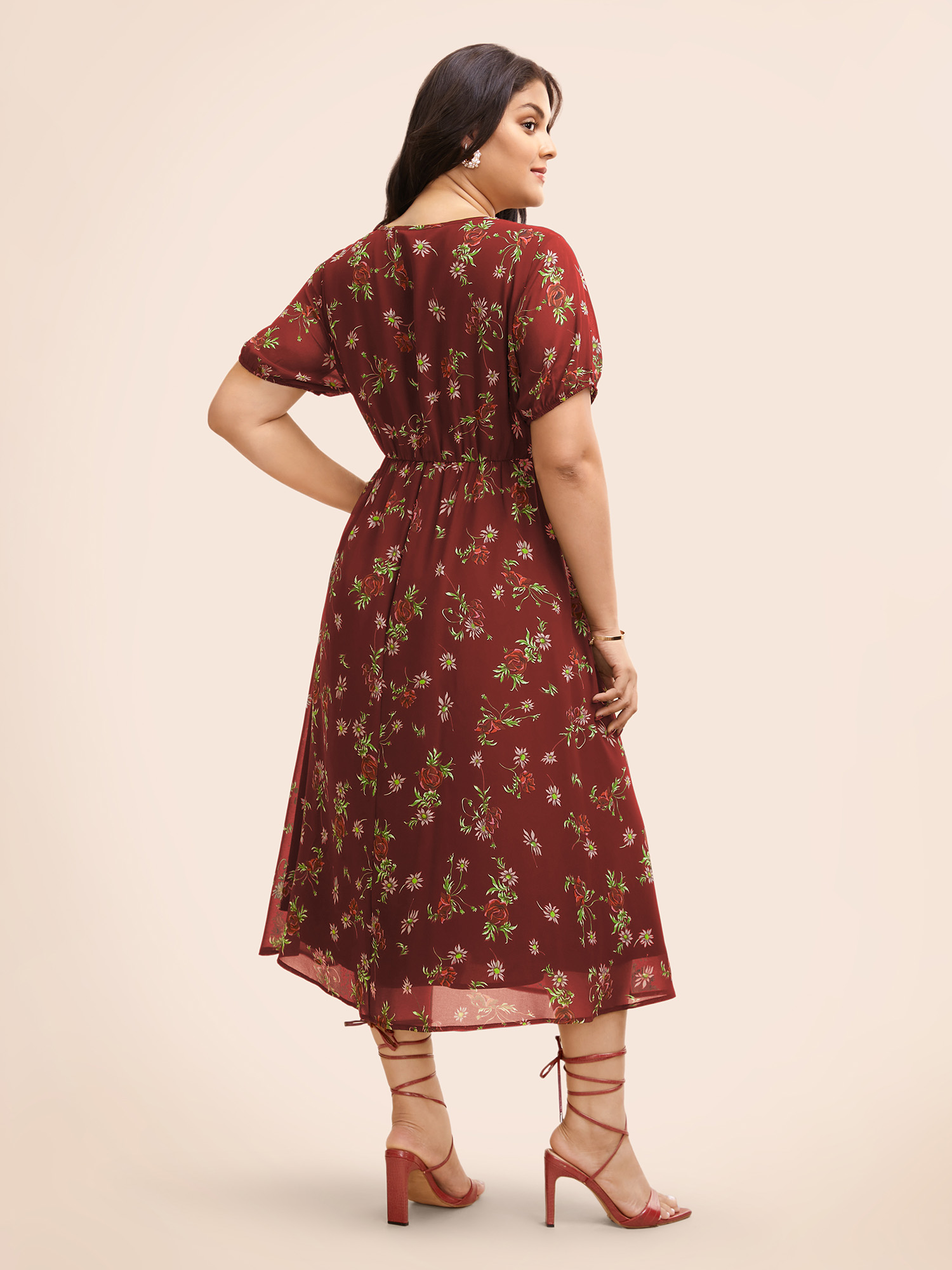 

Plus Size Floral Notched Chiffon Mesh Midi Dress Burgundy Women Elegant See through Notched collar Short sleeve Curvy BloomChic