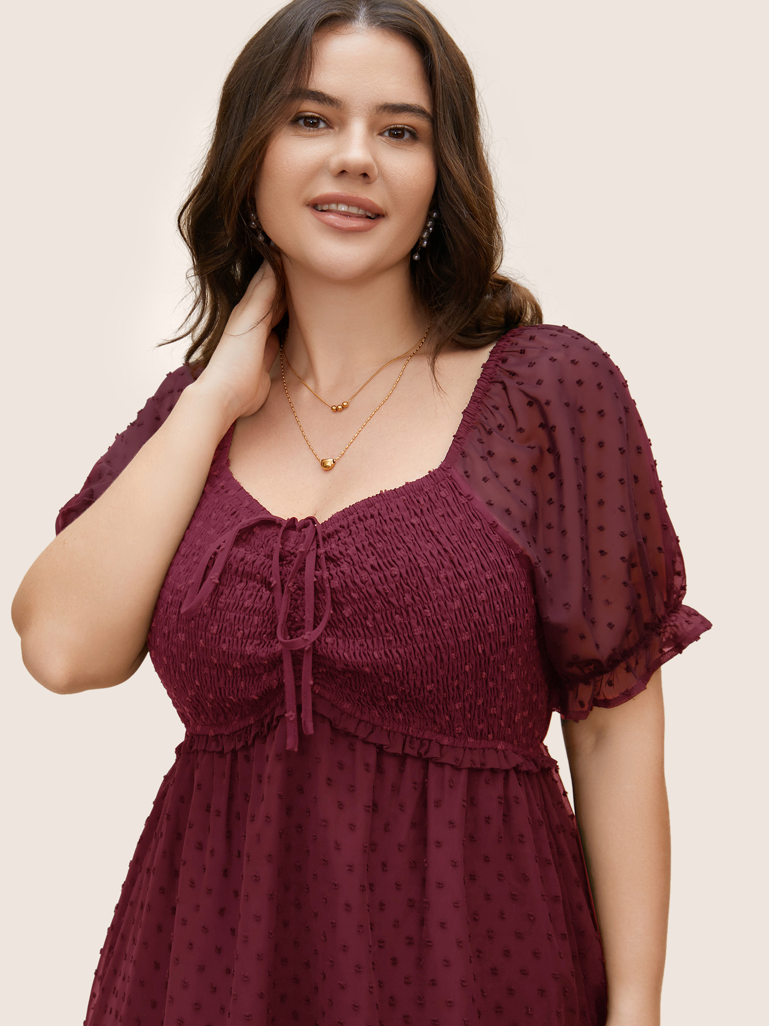 

Plus Size Polka Dot Textured Mesh Shirred Drawstring Dress Burgundy Women Elegant Texture V-neck Short sleeve Curvy BloomChic