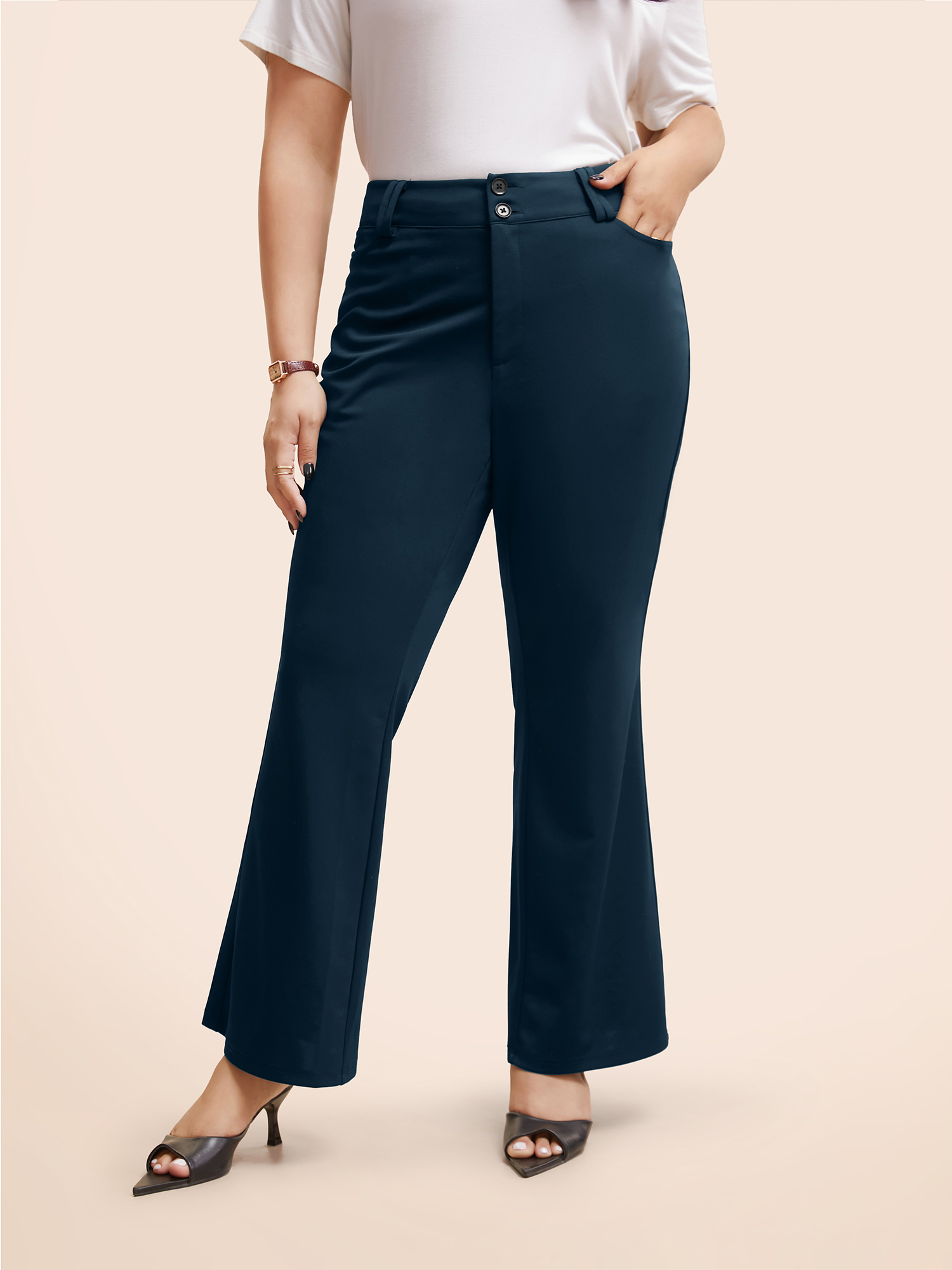 

Plus Size Stretch Woven Double Button Drape Pants Women Aegean Workwear Essentials Bootcut Mid Rise Work Pants BloomChic