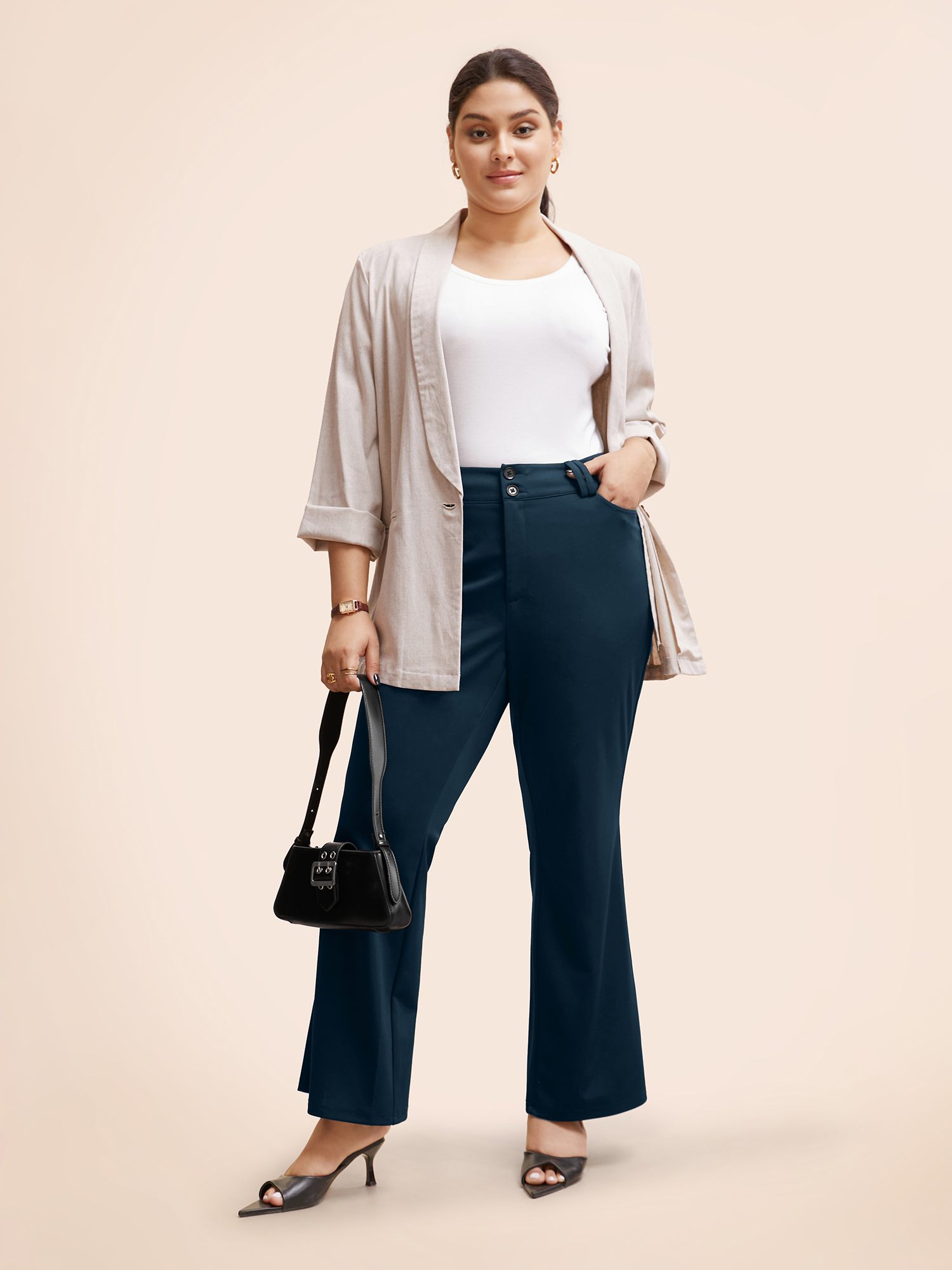 

Plus Size Stretch Woven Double Button Drape Pants Women Aegean Workwear Essentials Bootcut Mid Rise Work Pants BloomChic