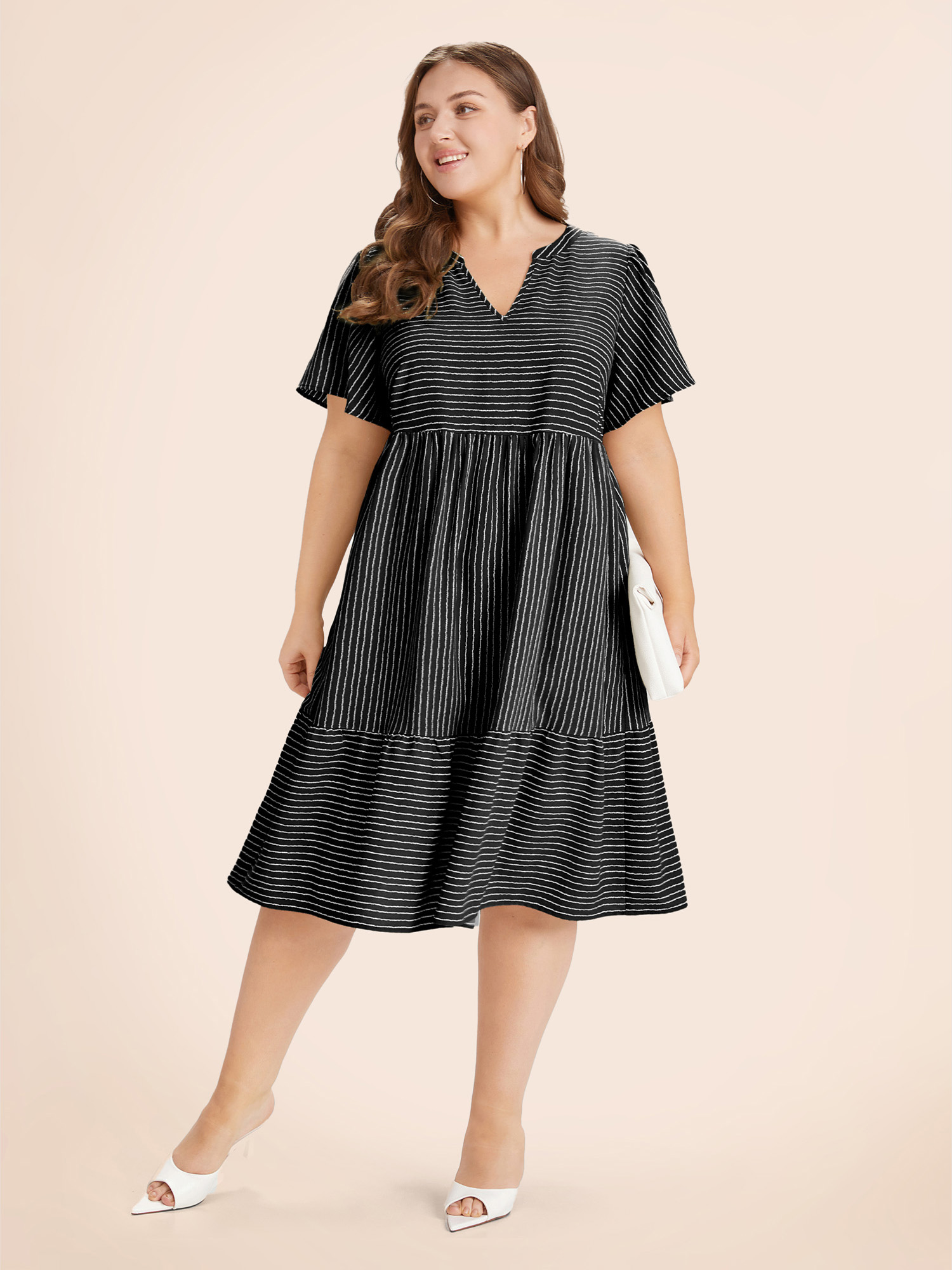 

Plus Size Striped Patchwork Notched Flutter Layered Babydoll Dress Navy Women Office Gathered Notched collar Short sleeve Curvy Midi Dress BloomChic