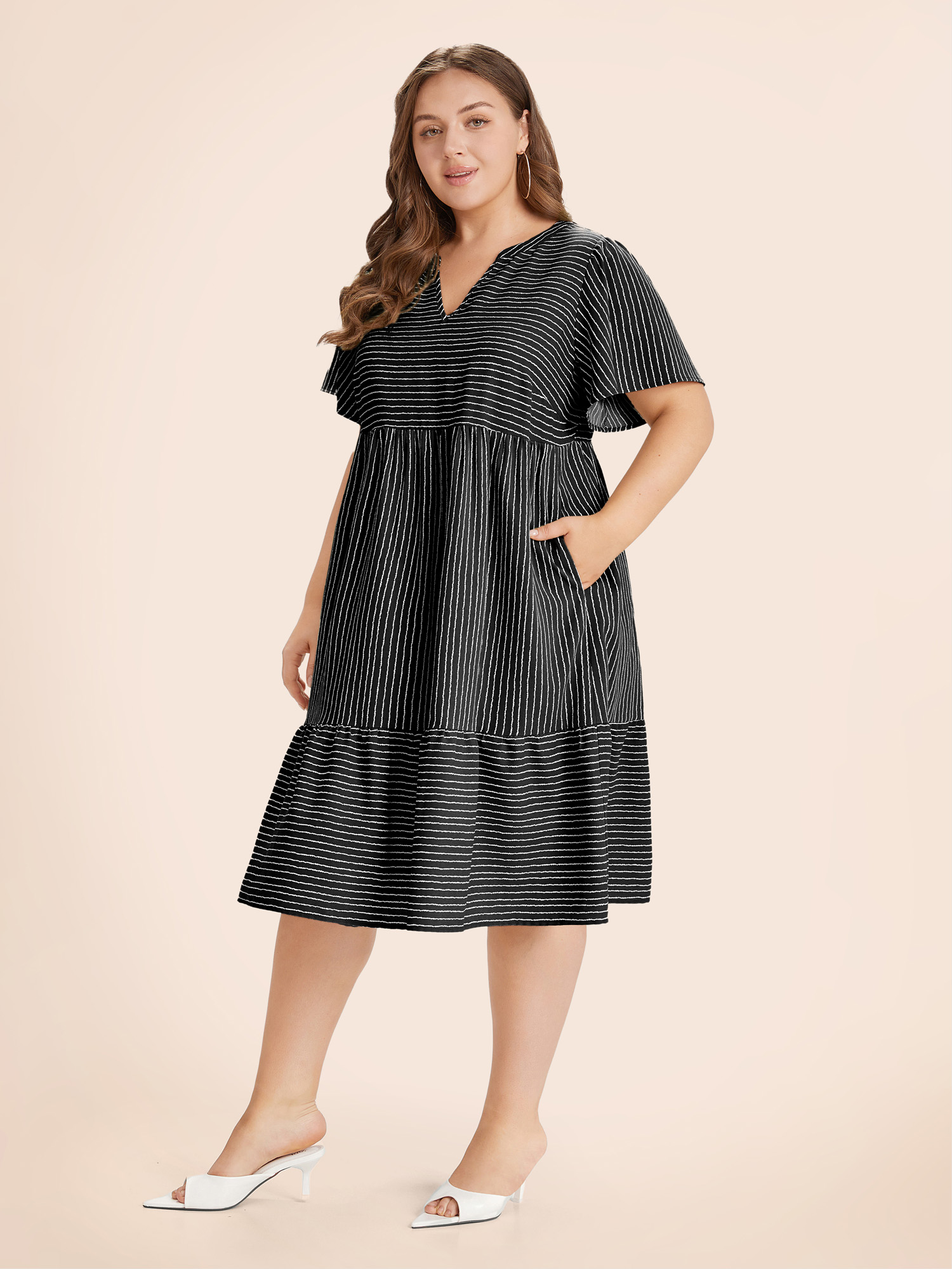 

Plus Size Striped Patchwork Notched Flutter Layered Babydoll Dress Navy Women Office Gathered Notched collar Short sleeve Curvy Midi Dress BloomChic