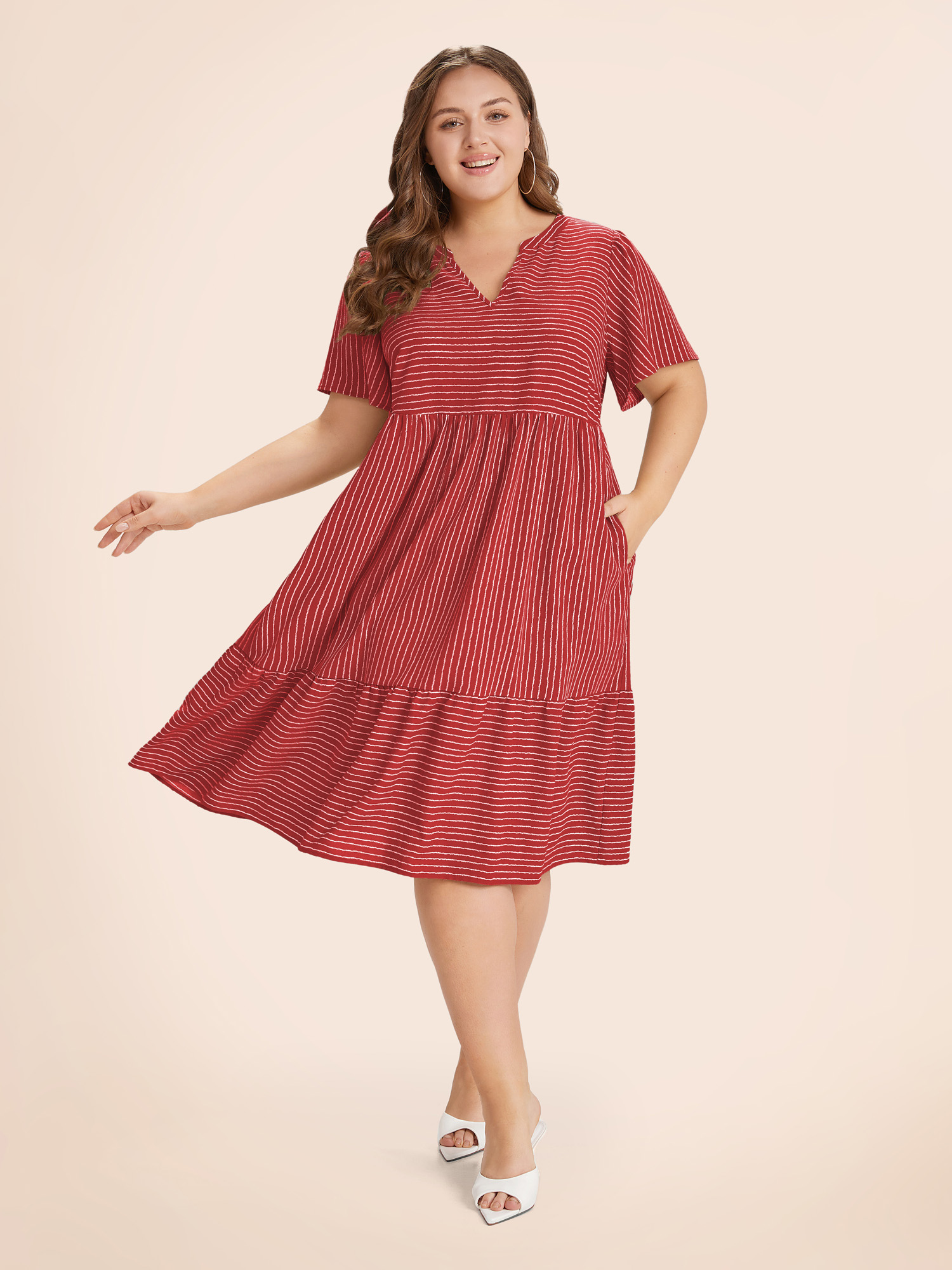 

Plus Size Striped Patchwork Notched Flutter Layered Babydoll Dress Crimson Women Office Gathered Notched collar Short sleeve Curvy Midi Dress BloomChic