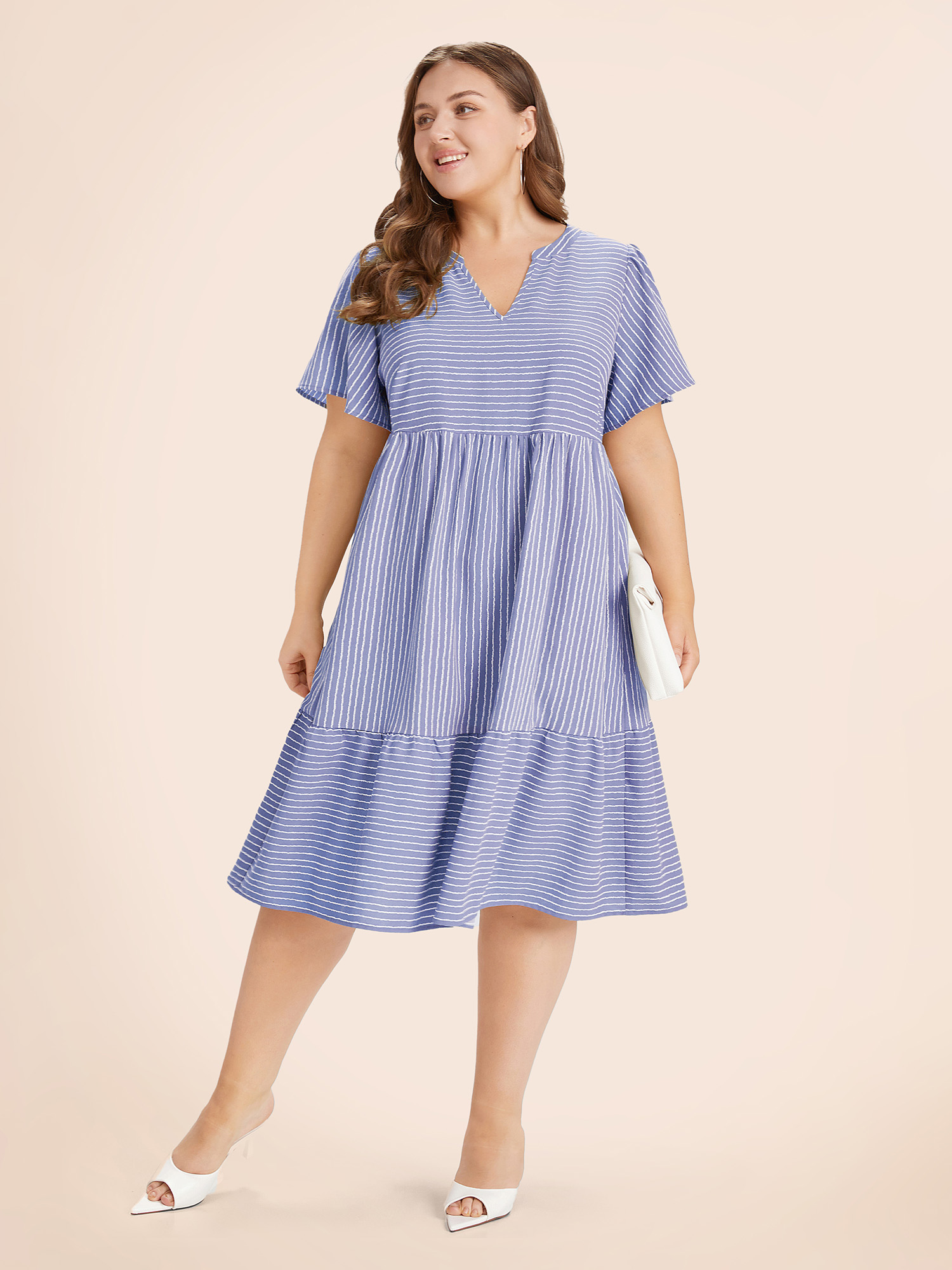 

Plus Size Striped Patchwork Notched Flutter Layered Babydoll Dress LightBlue Women Office Gathered Notched collar Short sleeve Curvy Midi Dress BloomChic