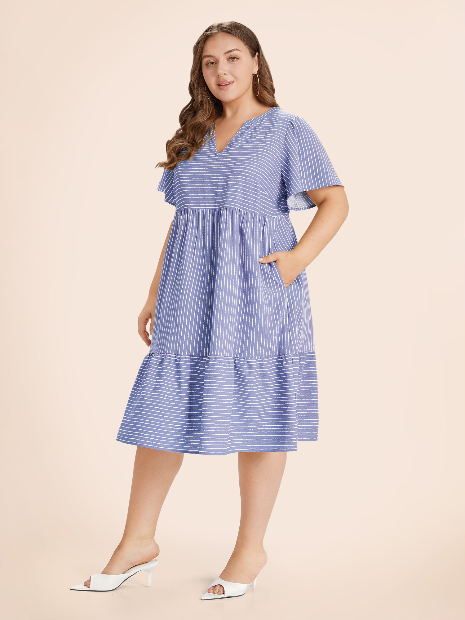 

Plus Size Striped Patchwork Notched Flutter Layered Babydoll Dress LightBlue Women Office Gathered Notched collar Short sleeve Curvy Midi Dress BloomChic