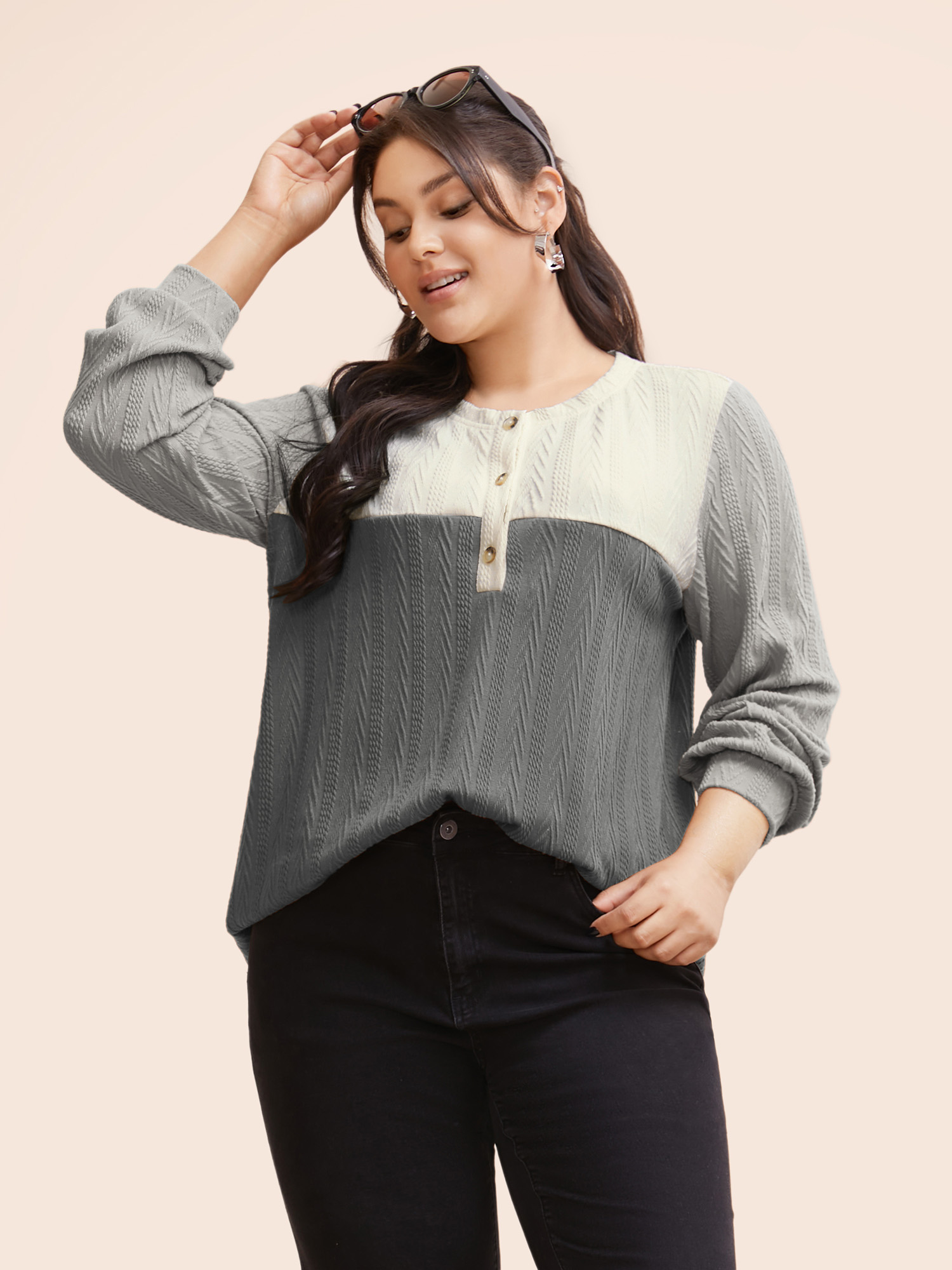 

Plus Size Colorblock Contrast Textured Button Up T-shirt Mediumgray Women Casual Texture Round Neck Everyday T-shirts BloomChic