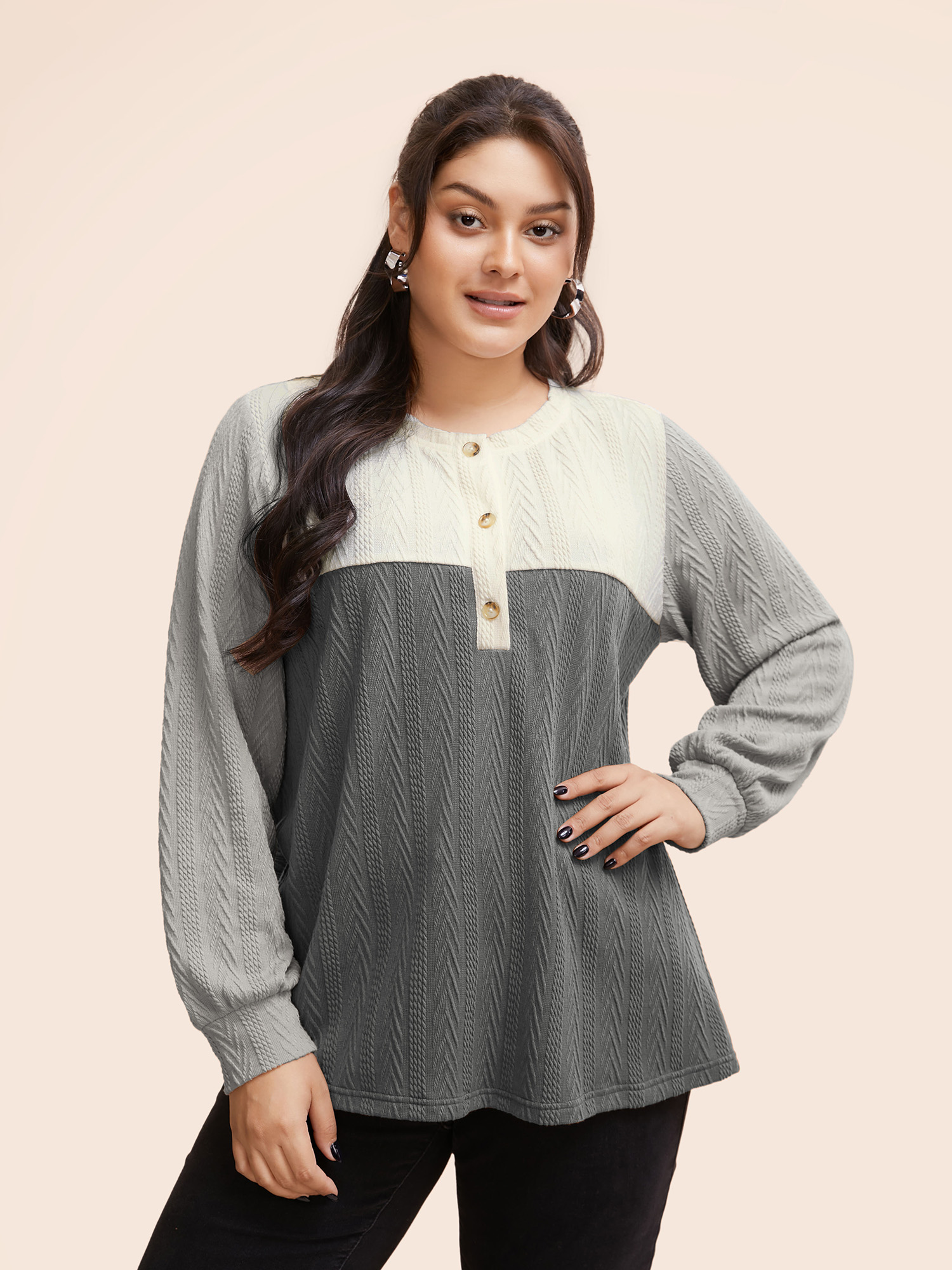 Plus Size Colorblock Contrast Textured Button Up T-shirt Mediumgray Women Casual Texture Round Neck Everyday T-shirts BloomChic 18-20/2X 