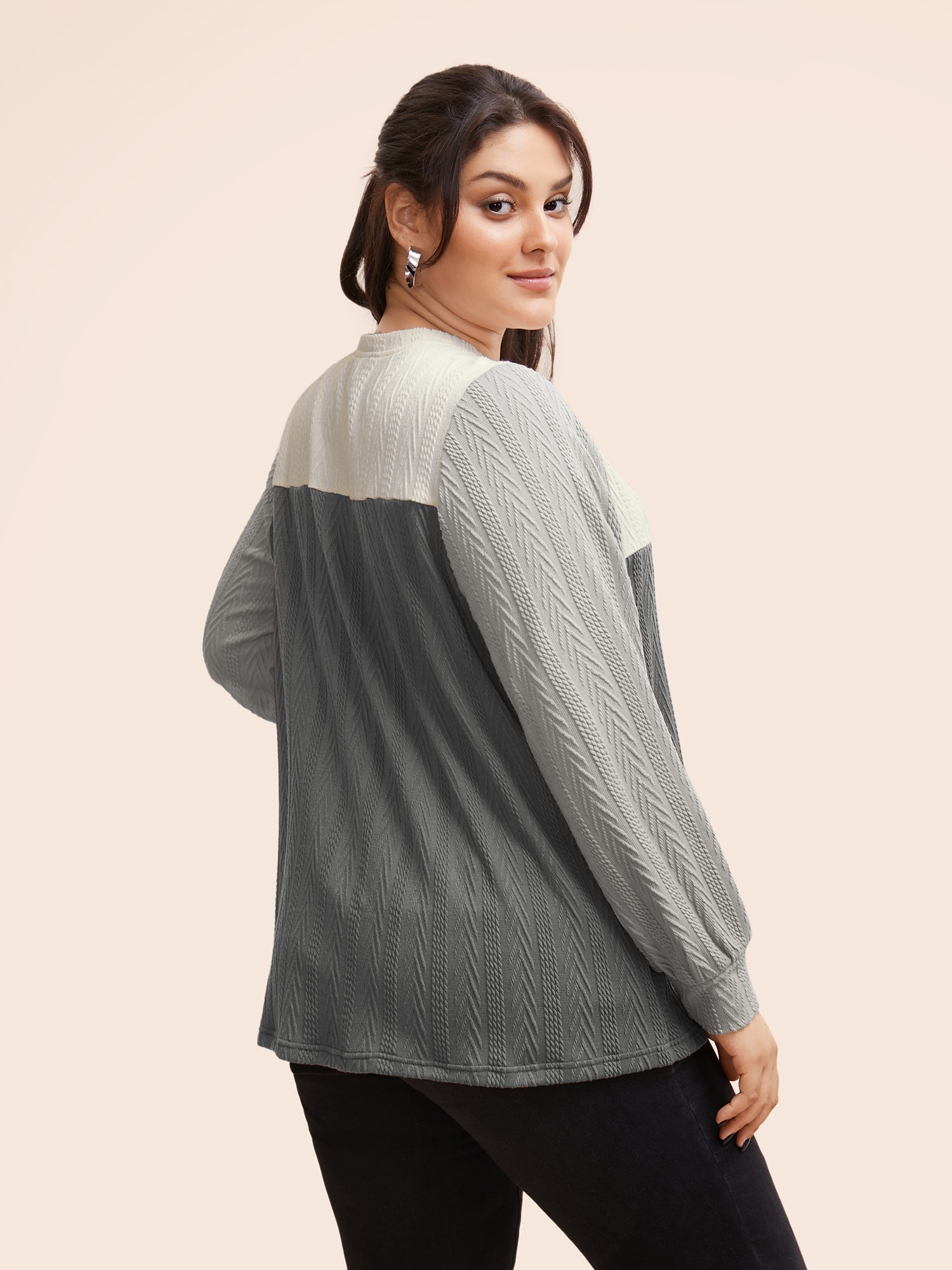 Plus Size Colorblock Contrast Textured Button Up T-shirt Mediumgray Women Casual Texture Round Neck Everyday T-shirts BloomChic 18-20/2X 