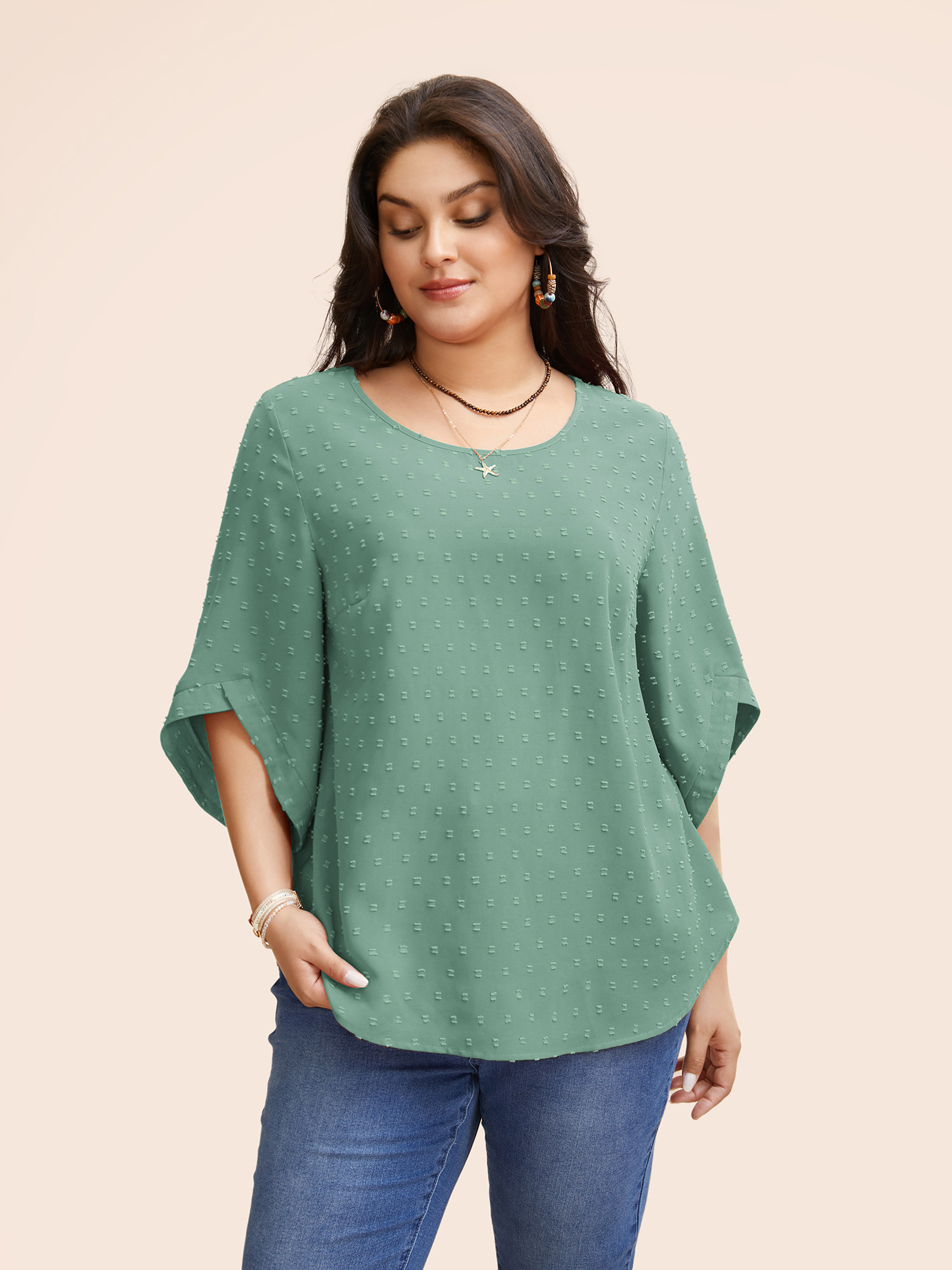 

Plus Size Teal Textured Round Neck Bell Sleeve Blouse Women Elegant Elbow-length sleeve Round Neck Everyday Blouses BloomChic