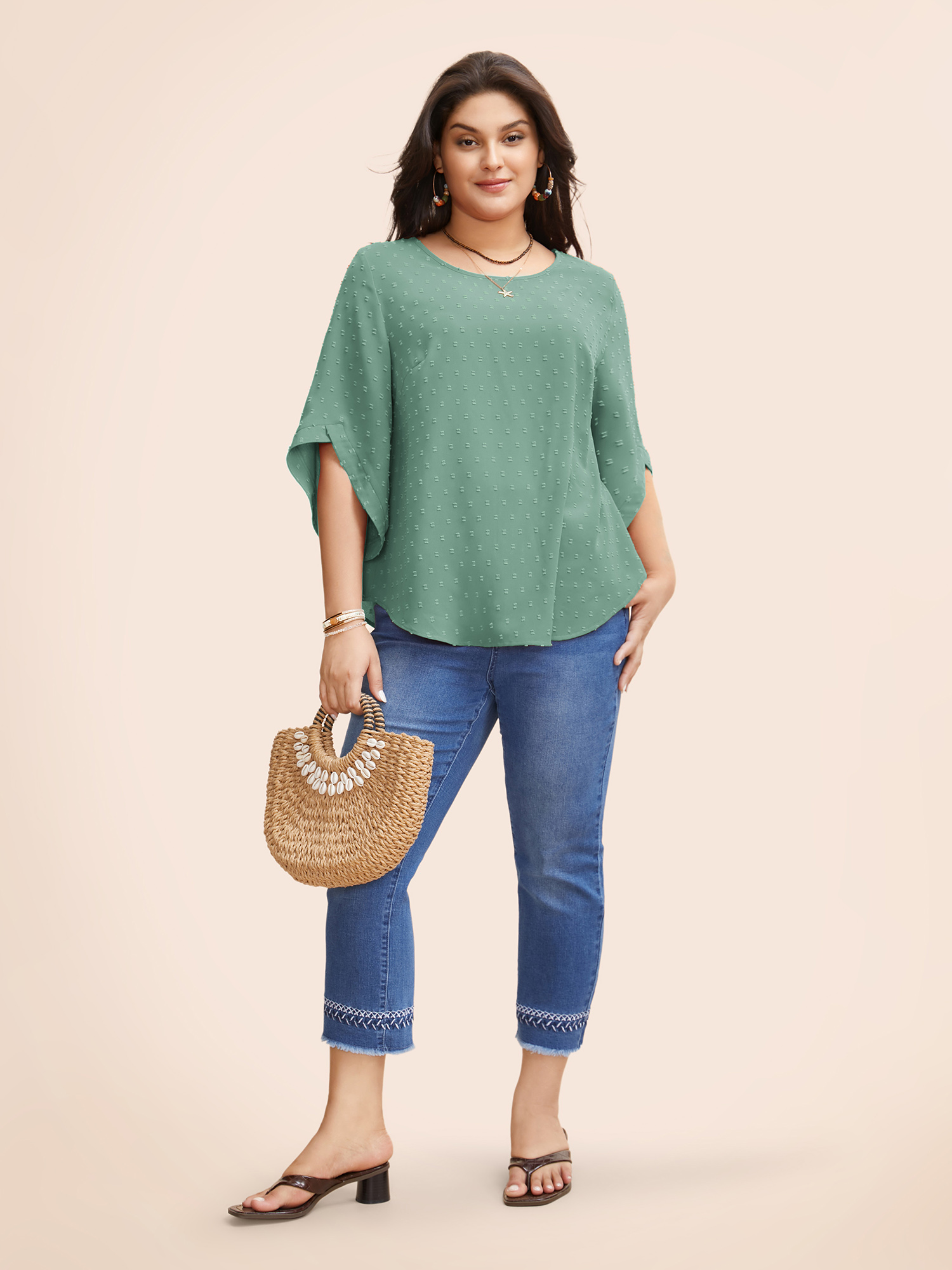 

Plus Size Teal Textured Round Neck Bell Sleeve Blouse Women Elegant Elbow-length sleeve Round Neck Everyday Blouses BloomChic