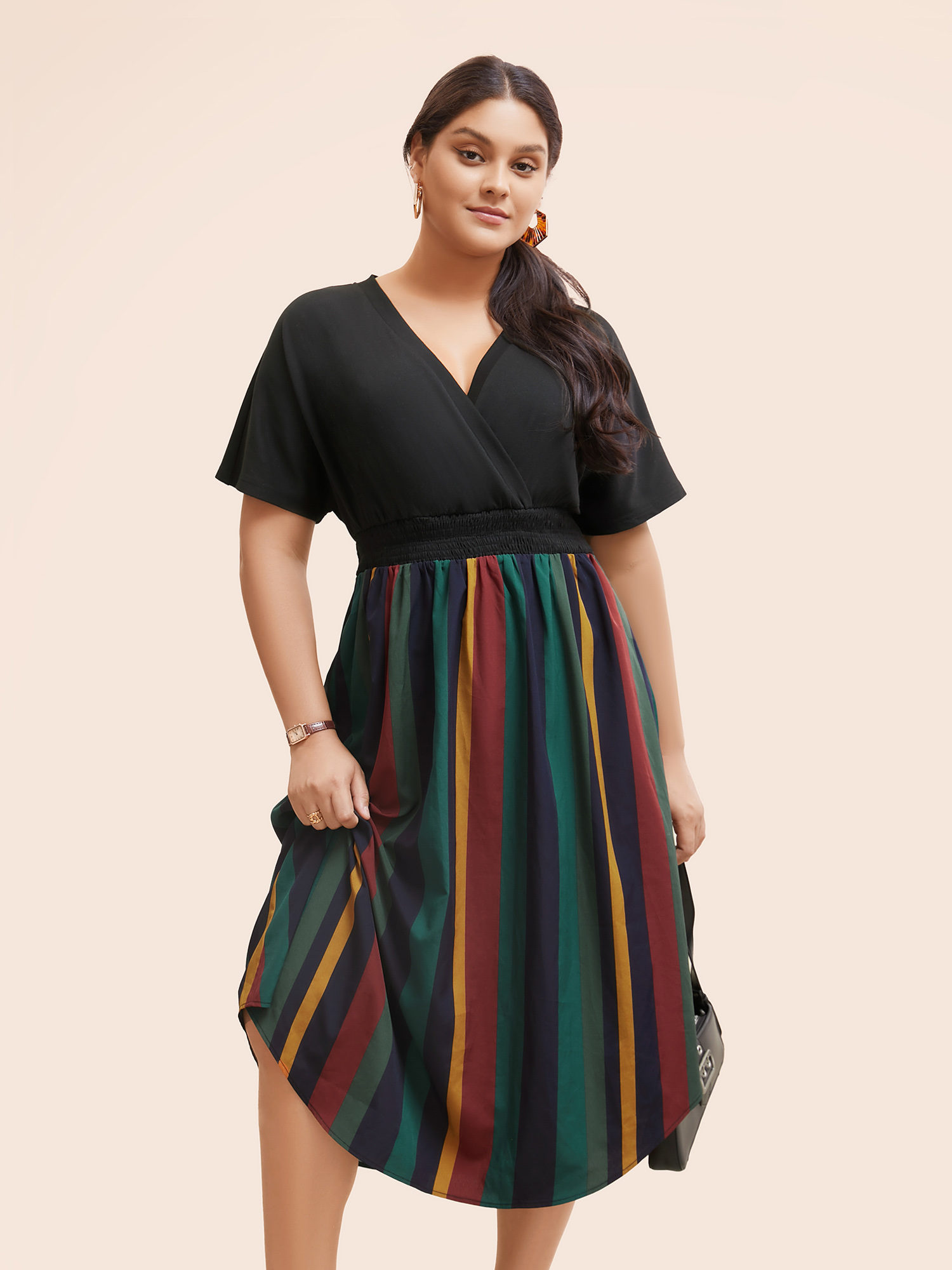 

Plus Size Striped Overlap Collar Shirred Midi Dress Black Women Workwear Essentials Patchwork Overlap Collar Short sleeve Curvy BloomChic