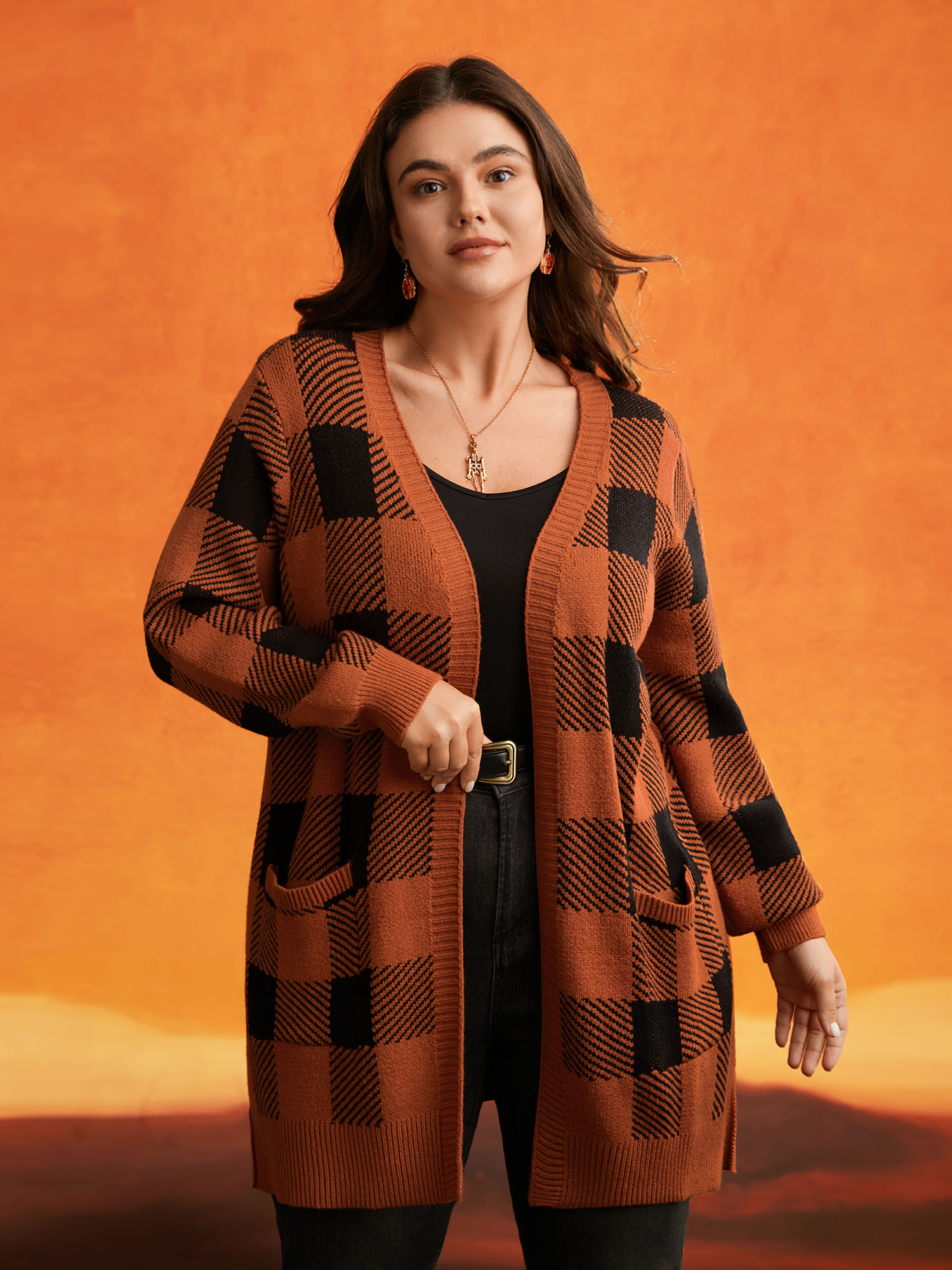 

Plus Size Supersoft Essentials Halloween Plaid Open Cardigan Rust Women Casual Loose Long Sleeve Everyday Cardigans BloomChic