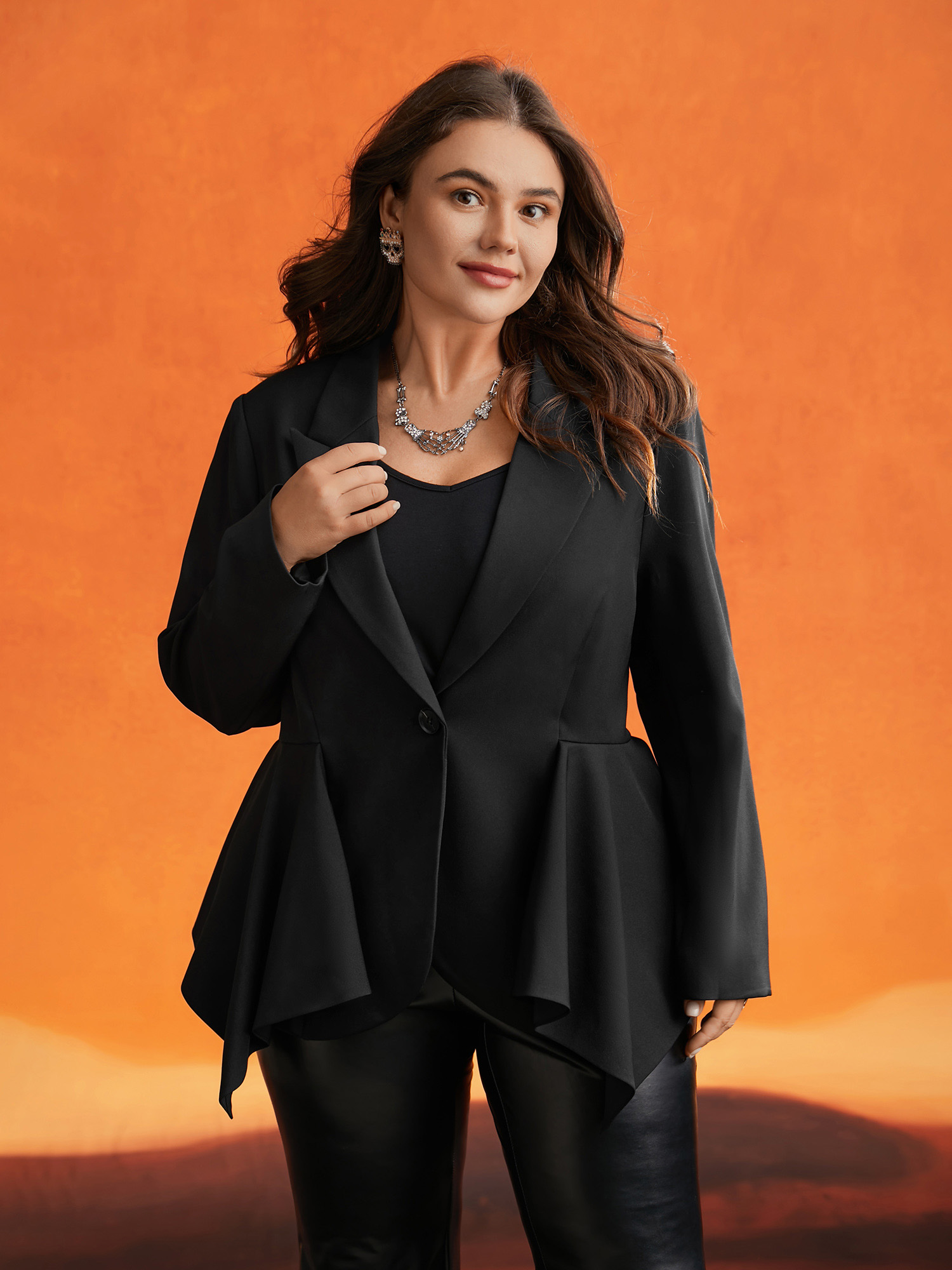 

Plus Size Asymmetrical Hemline Design Gothic Jacket Women Black Button Side seam pocket Everyday Jackets BloomChic