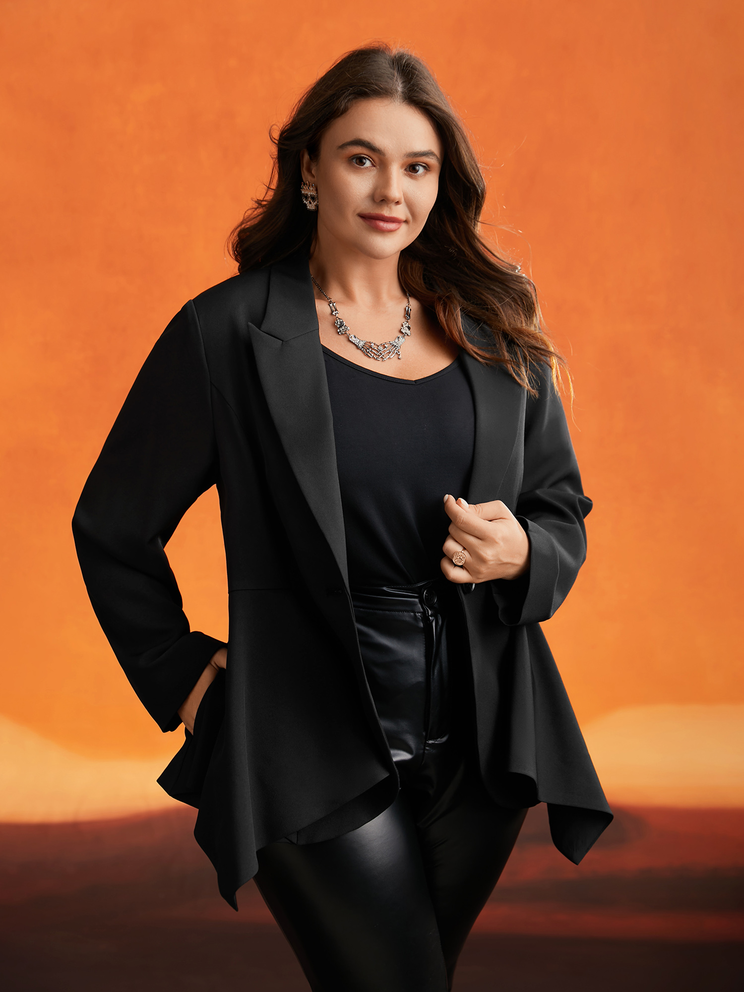 

Plus Size Asymmetrical Hemline Design Gothic Jacket Women Black Button Side seam pocket Everyday Jackets BloomChic