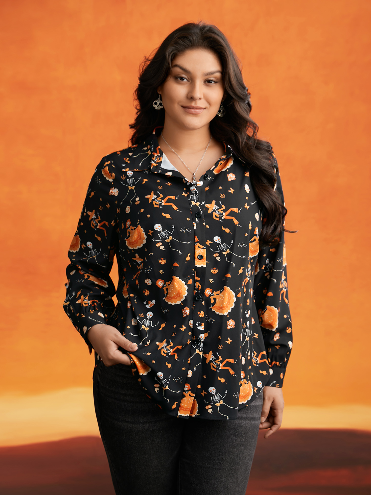 

Plus Size Pumpkin & Skull Printed Button Down Shirt Black Long Sleeve Shirt collar Work From Home Shirts