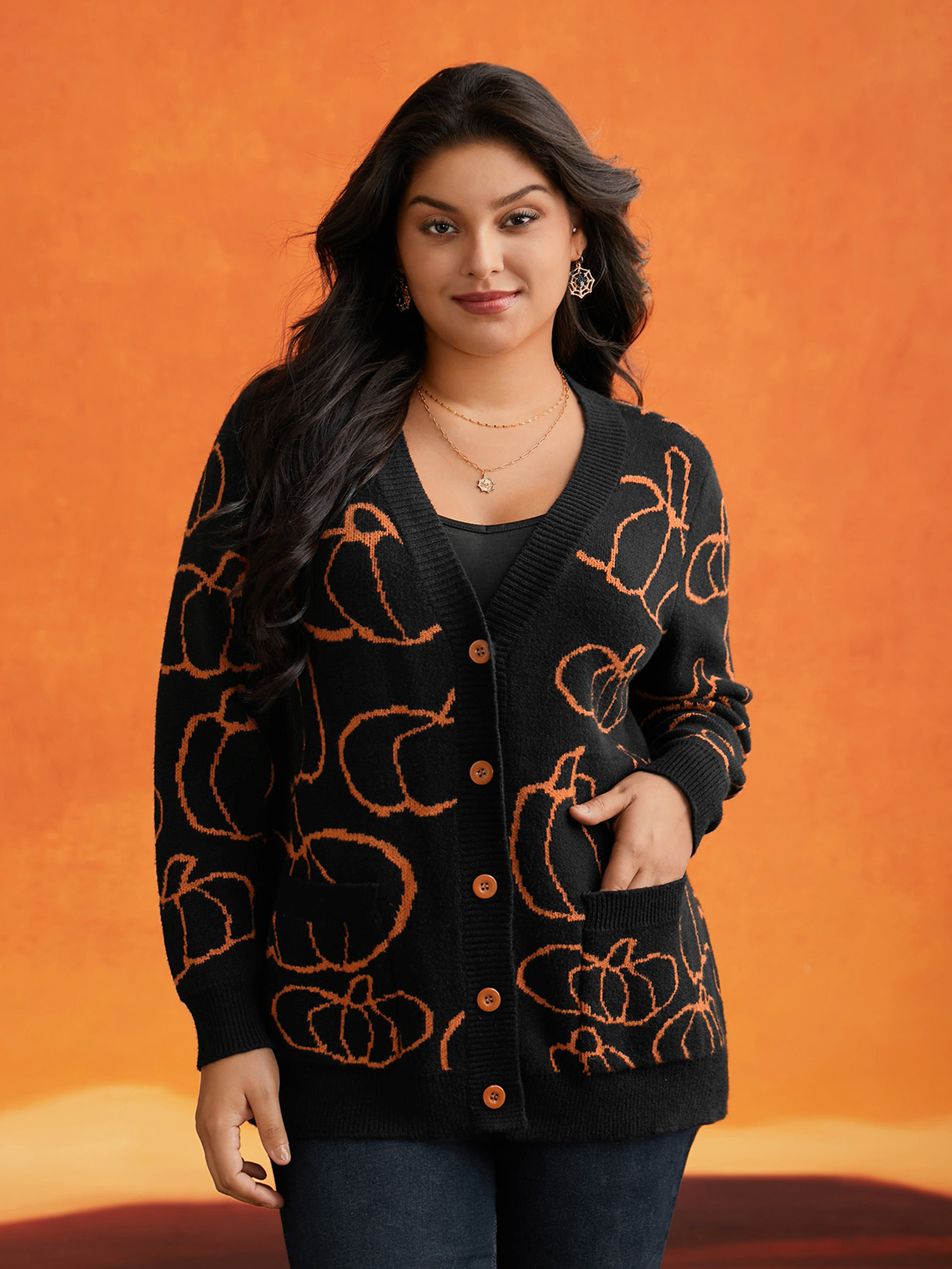 

Plus Size Supersoft Essentials Pumpkin Printed Open Cardigan Black Women Casual Loose Long Sleeve Everyday Cardigans BloomChic