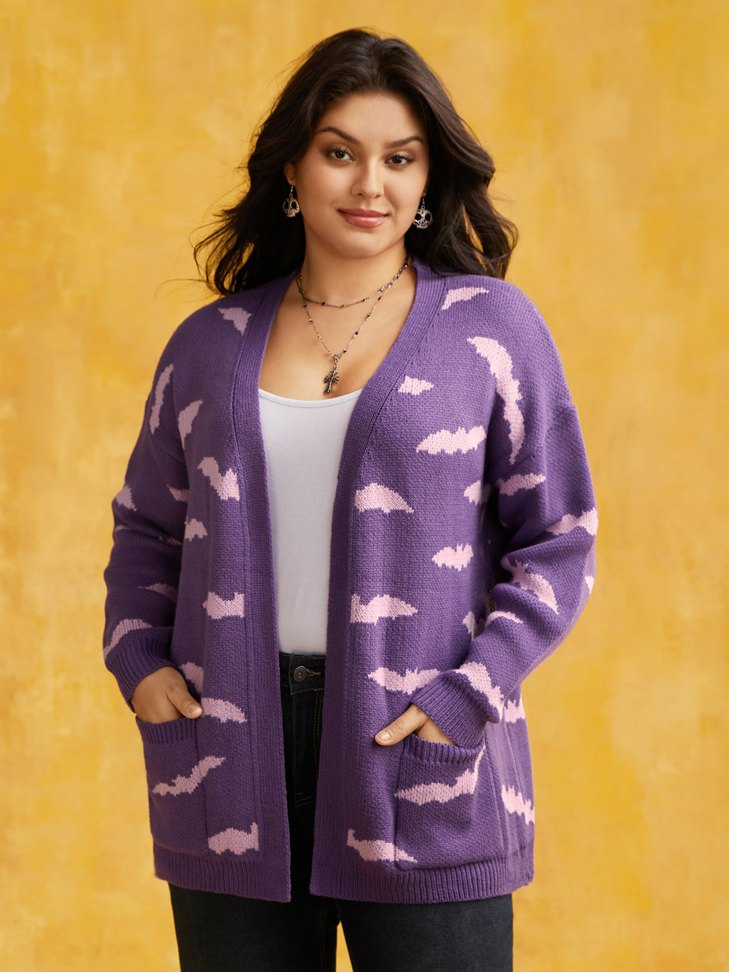 

Plus Size Haunted Bats Printed Jacquard Cardigan - For Halloween Lilac Women Casual Loose Long Sleeve Everyday Cardigans BloomChic