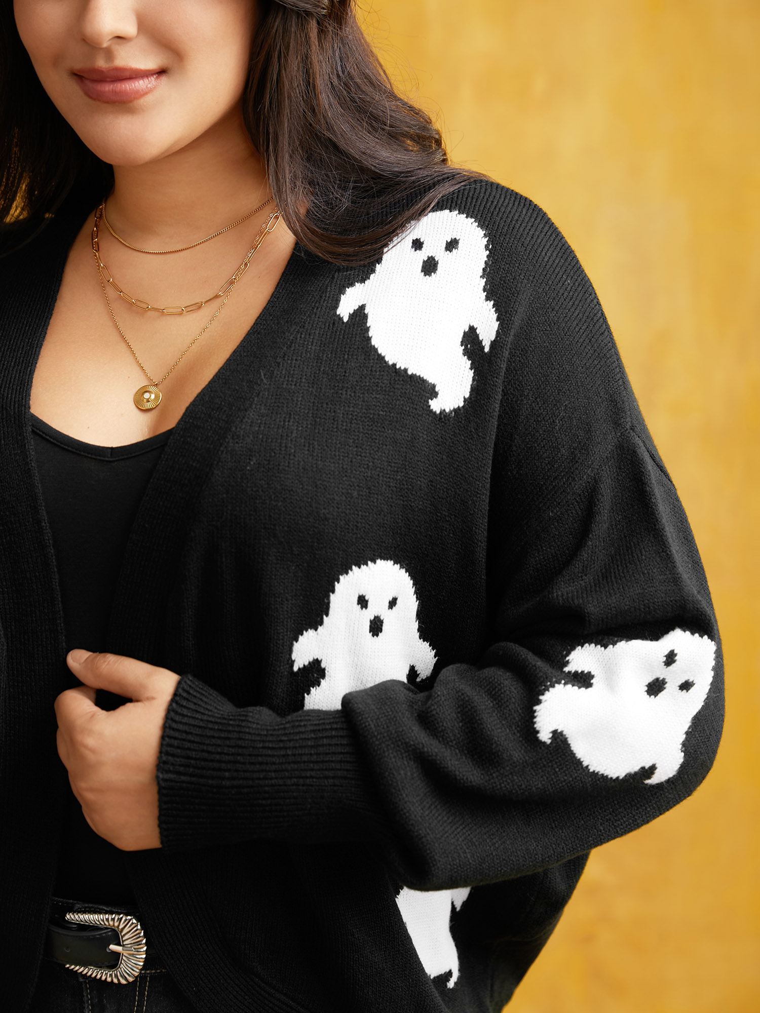 

Plus Size Happy Ghost Jacquard Arc Cardigan Black Women Casual Loose Long Sleeve Everyday Cardigans BloomChic