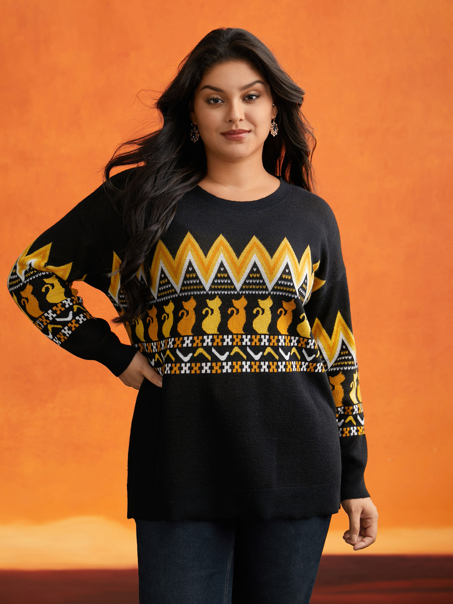 

Plus Size Cat Printed Jacquard Fair Isle Pullover Black Women Casual Long Sleeve Round Neck Everyday Pullovers BloomChic