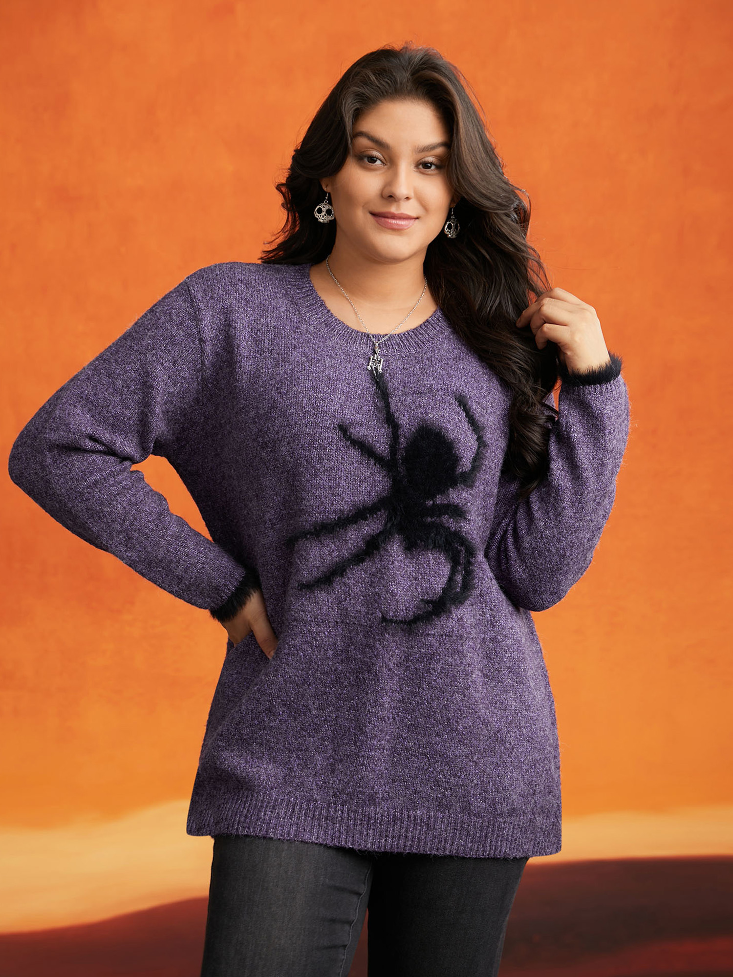 

Plus Size Silly Spider Mink Touch Crew Neck Pullover Deeppurple Women Casual Loose Long Sleeve Round Neck Everyday Pullovers BloomChic