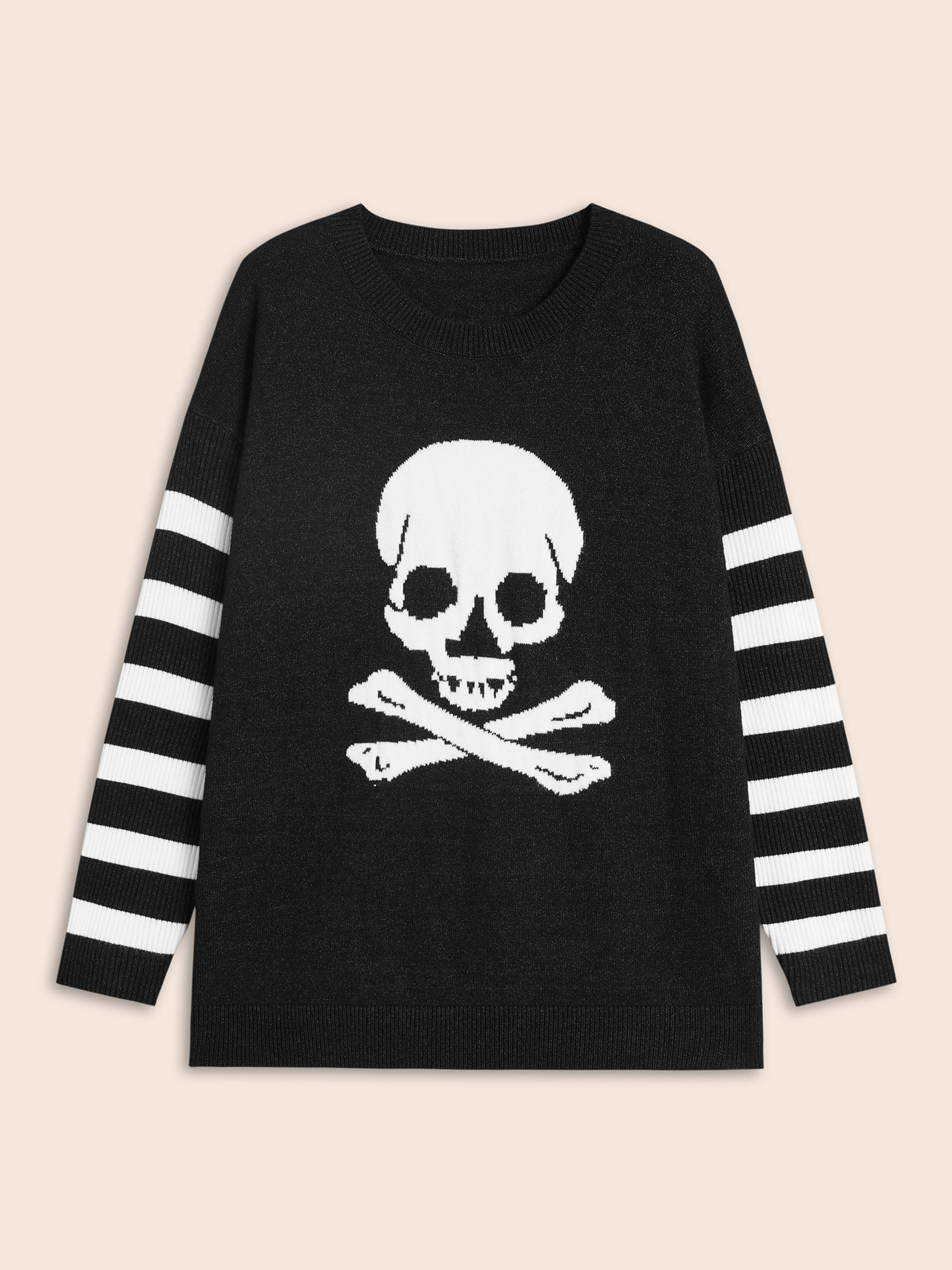 

Plus Size Supersoft Essentials Gothic Skull Striped Sleeves Pullover Black Women Casual Loose Long Sleeve Round Neck Everyday Pullovers BloomChic