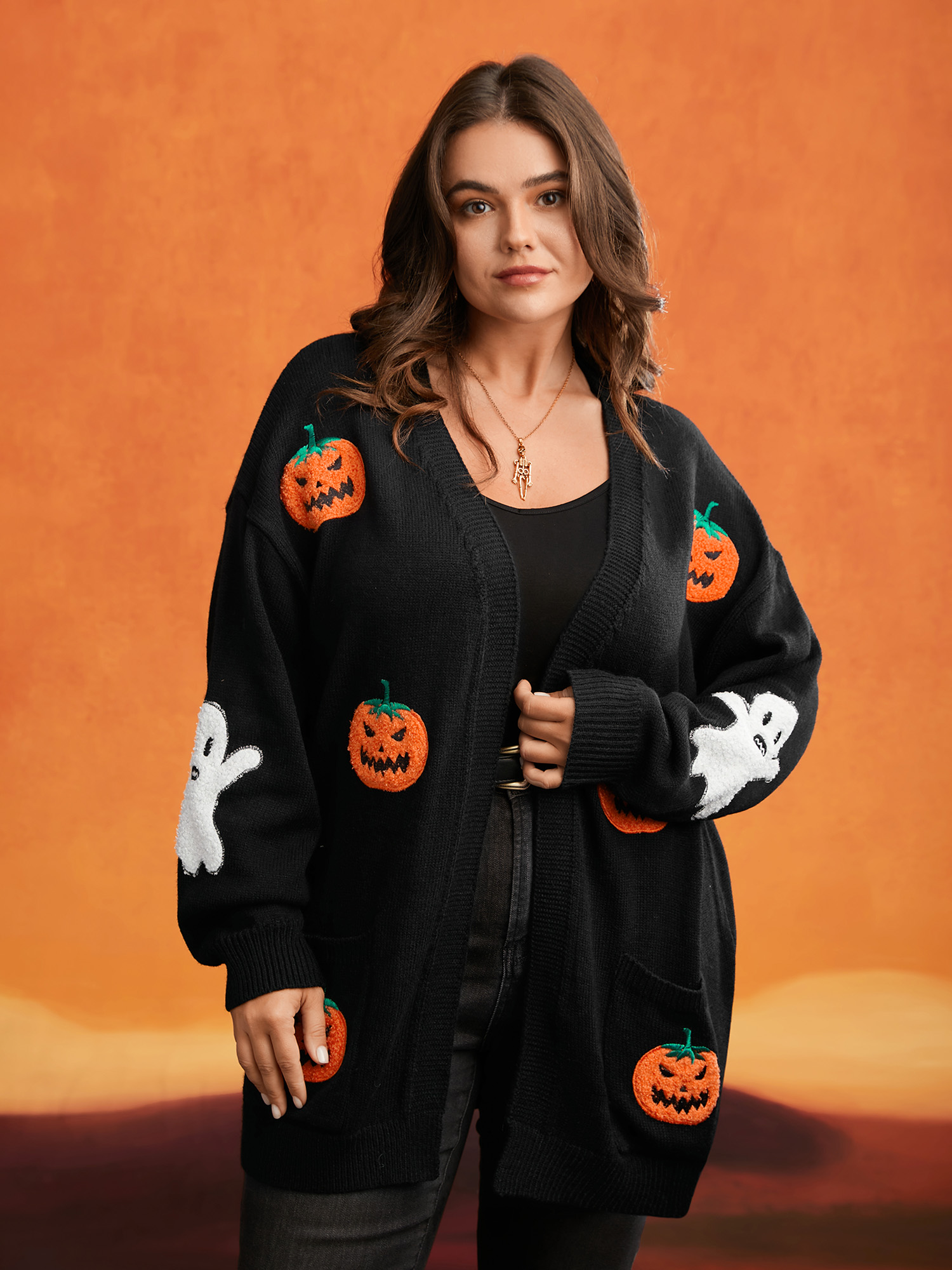 

Plus Size Pumpkin Ghost Embroidery Open Cardigan Black Women Casual Loose Long Sleeve Everyday Cardigans BloomChic