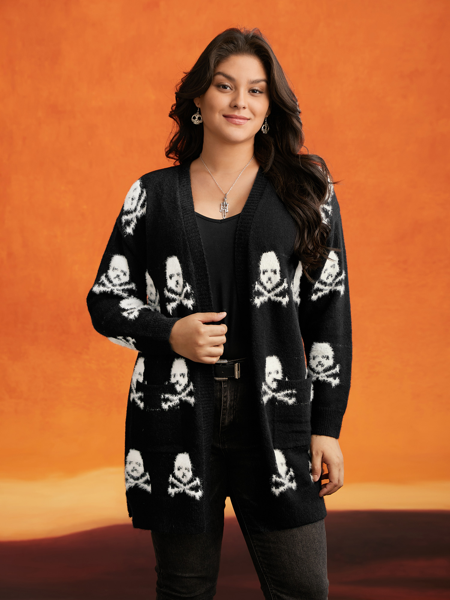 

Plus Size Skull Pattern Plus Jacquard Open Cardigan Black Women Casual Loose Long Sleeve Everyday Cardigans BloomChic