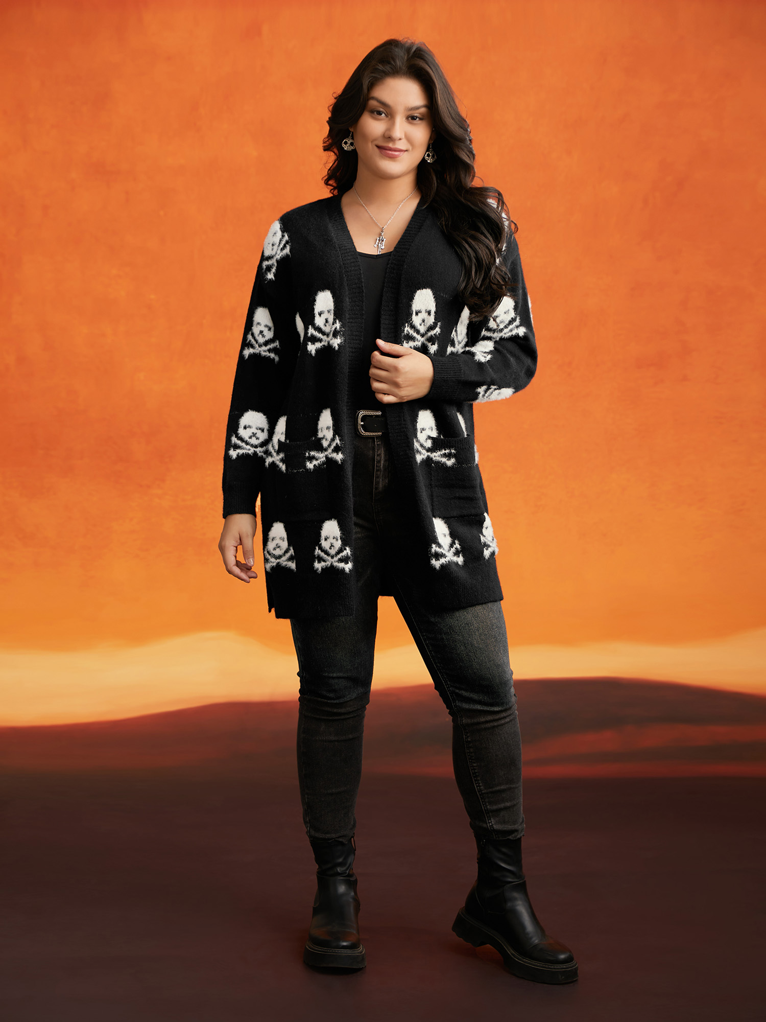 

Plus Size Skull Pattern Plus Jacquard Open Cardigan Black Women Casual Loose Long Sleeve Everyday Cardigans BloomChic