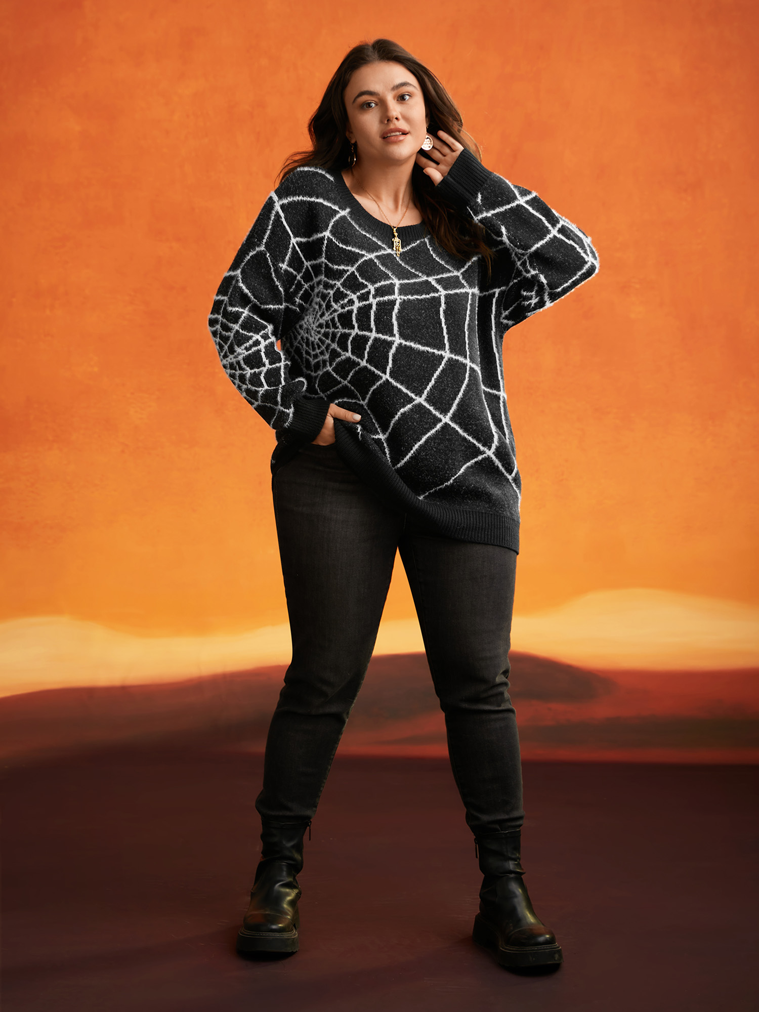 

Plus Size Textured Spider Web Crew Neck Pullover Black Women Casual Long Sleeve Round Neck Everyday Pullovers BloomChic