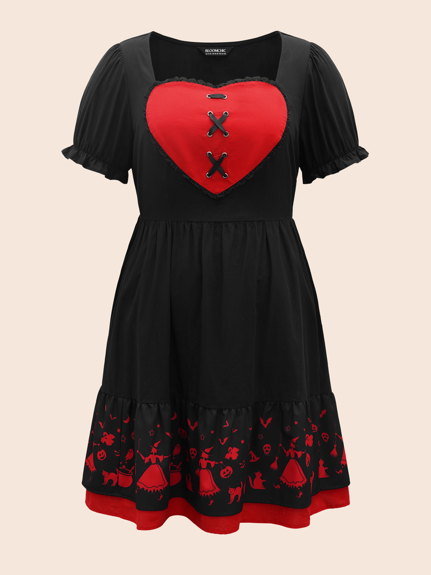 

Plus Size Sweet Romance Heart Motif Midi Dress Black Women Cocktail Wraparound straps Party Curvy Bloomchic