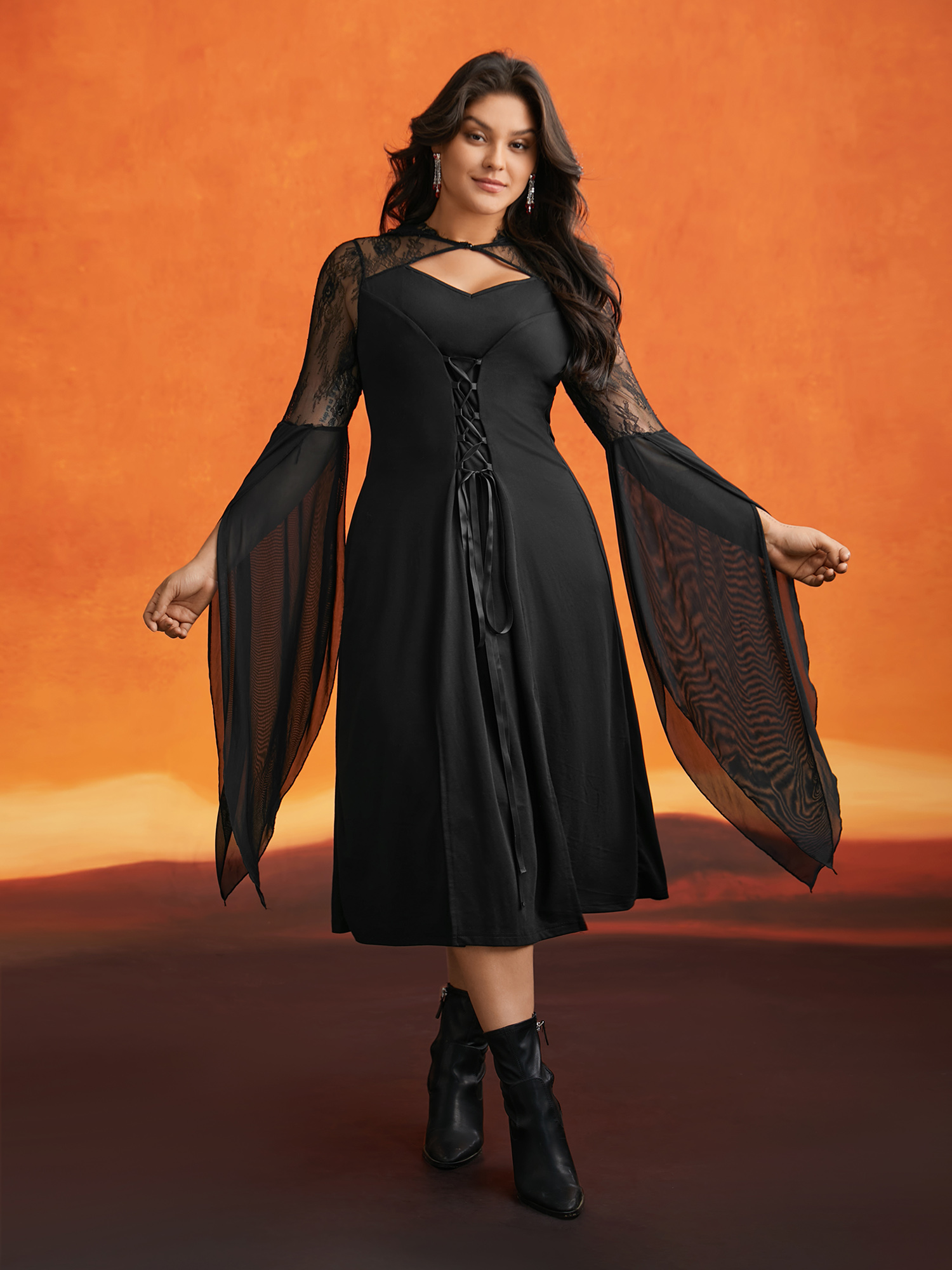 

Plus Size Black Widow-Inspired Veiled Lace Dress Black Women Cocktail Wraparound straps Round Neck Extra Long Sleeve Curvy BloomChic