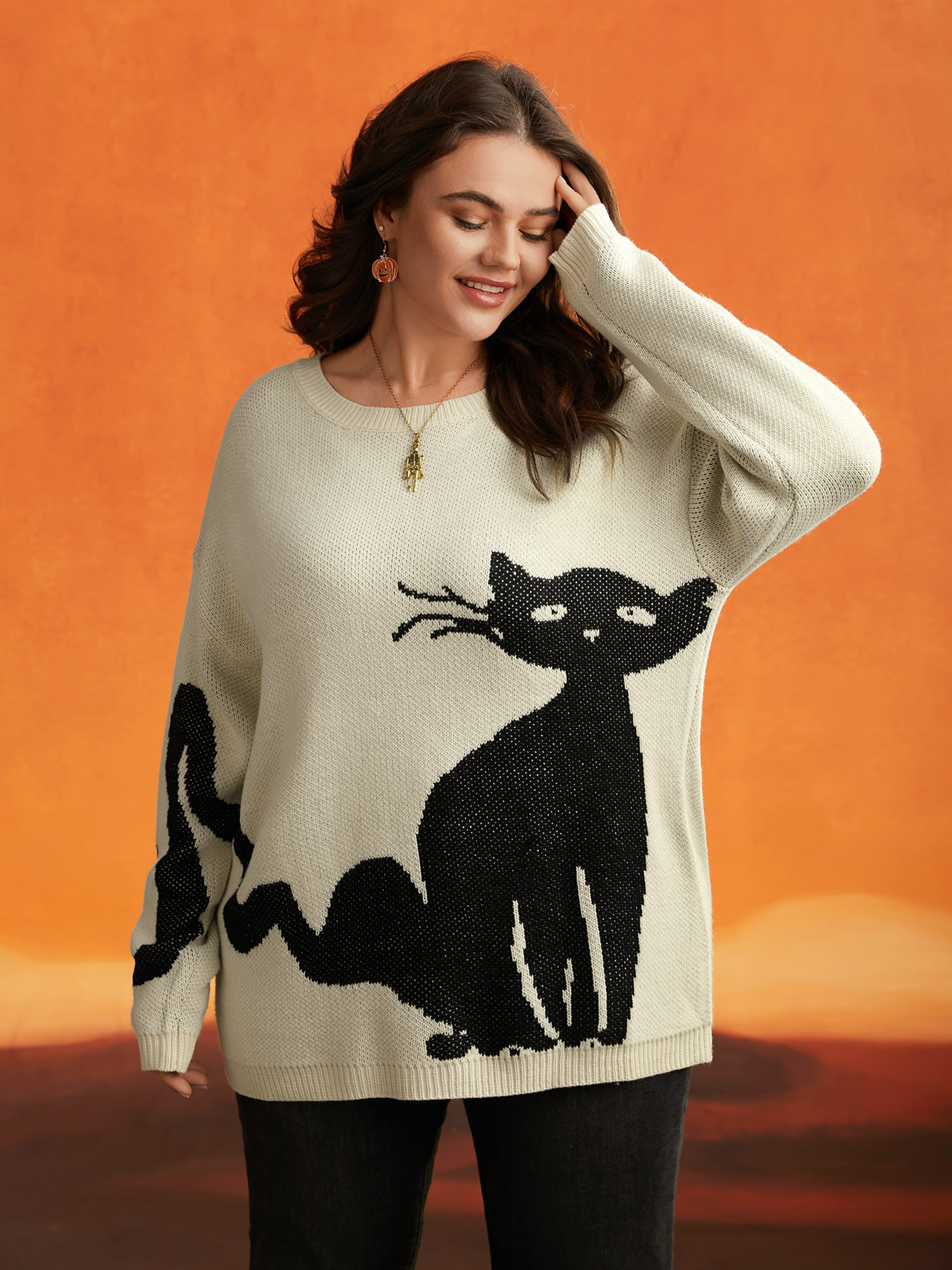 

Plus Size Mystic Cat Knit Crew Neck Pullover Originalwhite Women Casual Long Sleeve Round Neck Everyday Pullovers BloomChic