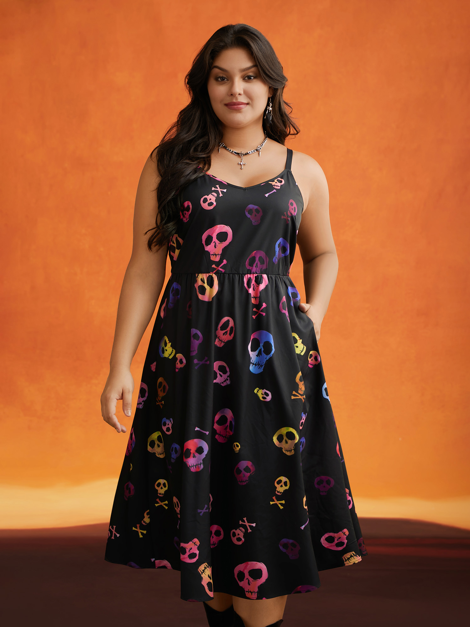 

Plus Size Cami Spooktacular Skull Printed Midi Dress Black Women Cocktail Non Party Curvy Bloomchic