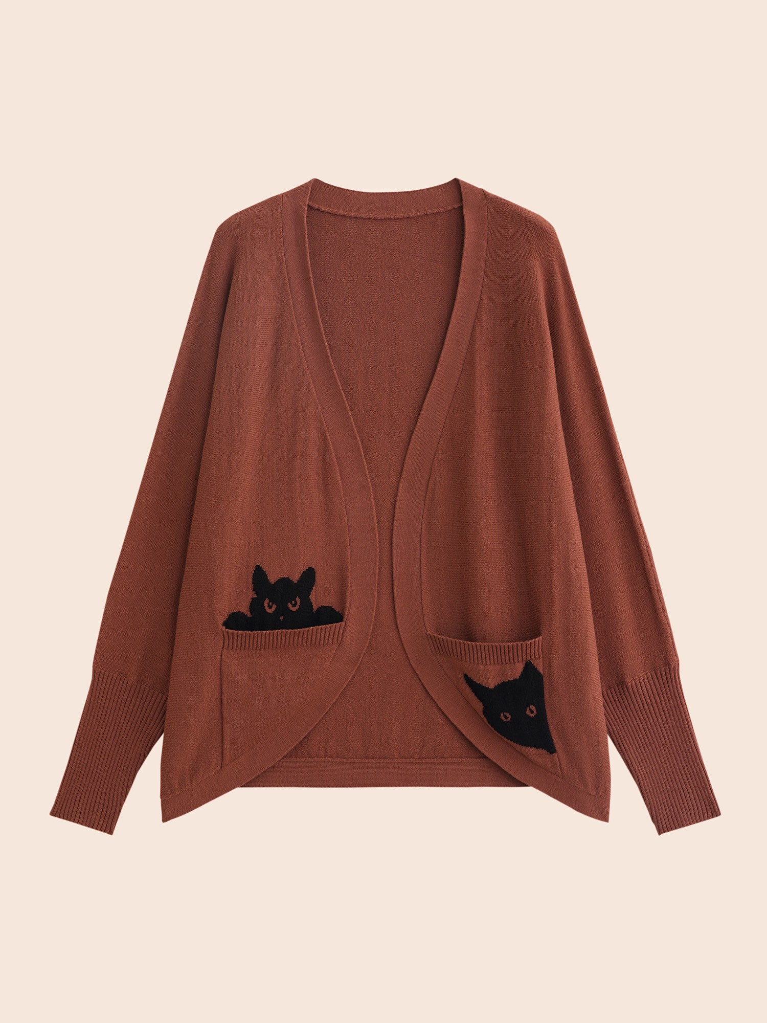 Plus Size Cat Printed Pockets Arc Hem Cardigan Browncoffeecolor Women Casual Loose Long Sleeve Everyday Cardigans BloomChic 18-20/2X 
