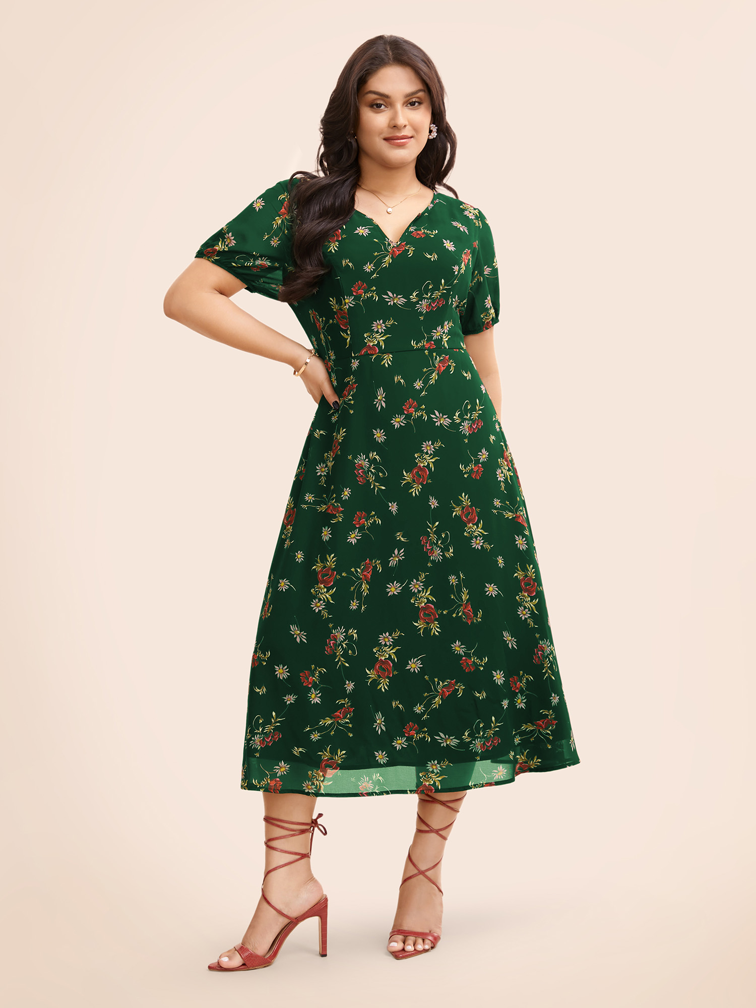 

Plus Size Floral Notched Chiffon Mesh Midi Dress DarkGreen Women Elegant See through Notched collar Short sleeve Curvy BloomChic