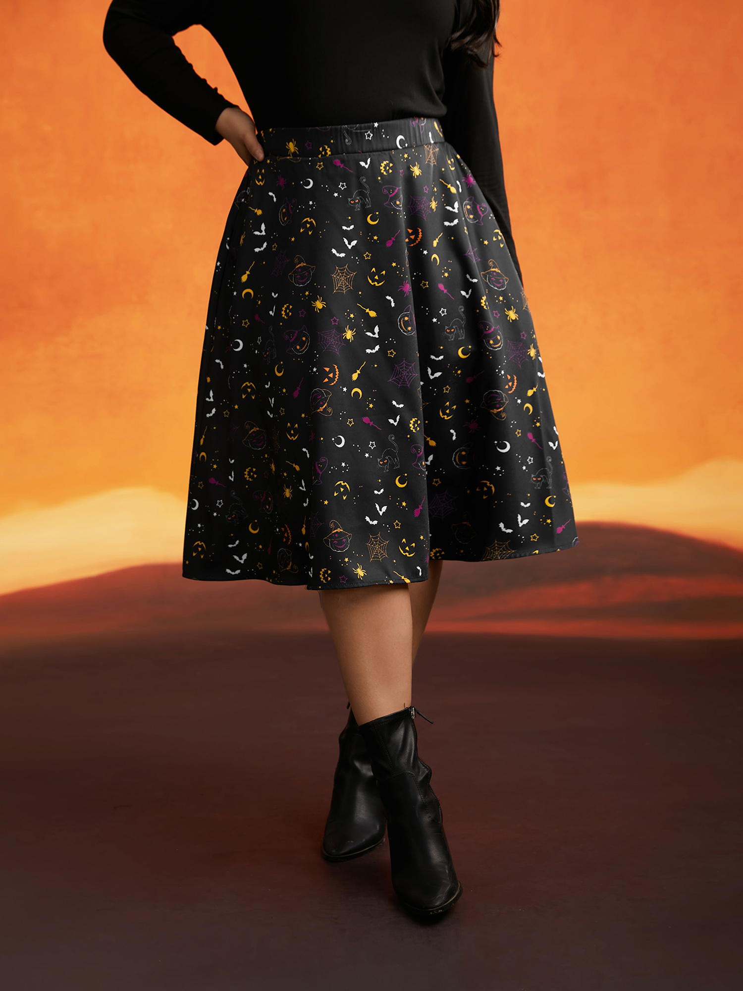 

Plus Size Pumpkin Dance Printed Knee-Length Skirt Women Black Cocktail Non No stretch Slanted pocket Party Skirts BloomChic