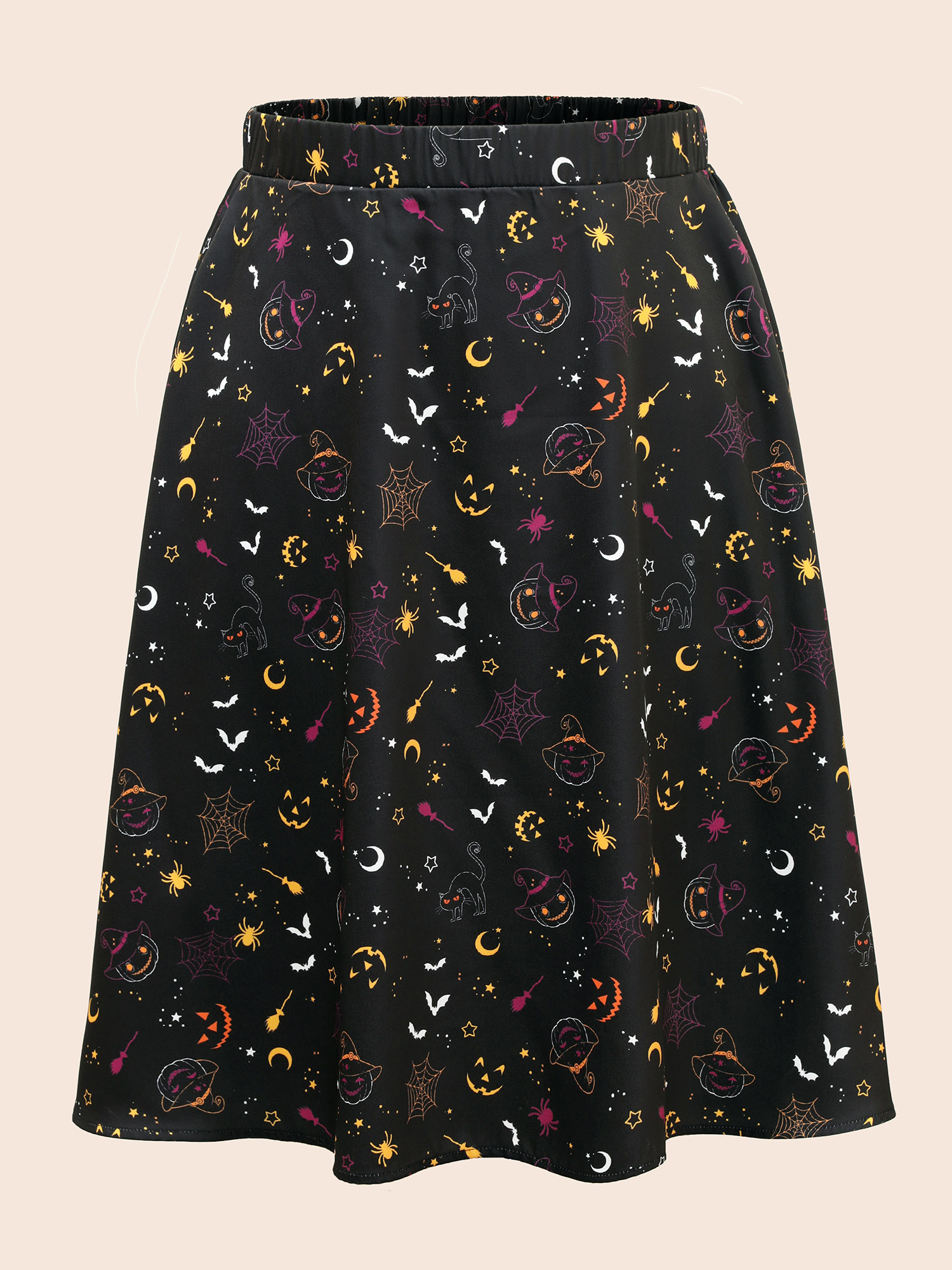 

Plus Size Pumpkin Dance Printed Knee-Length Skirt Women Black Cocktail Non No stretch Slanted pocket Party Skirts BloomChic