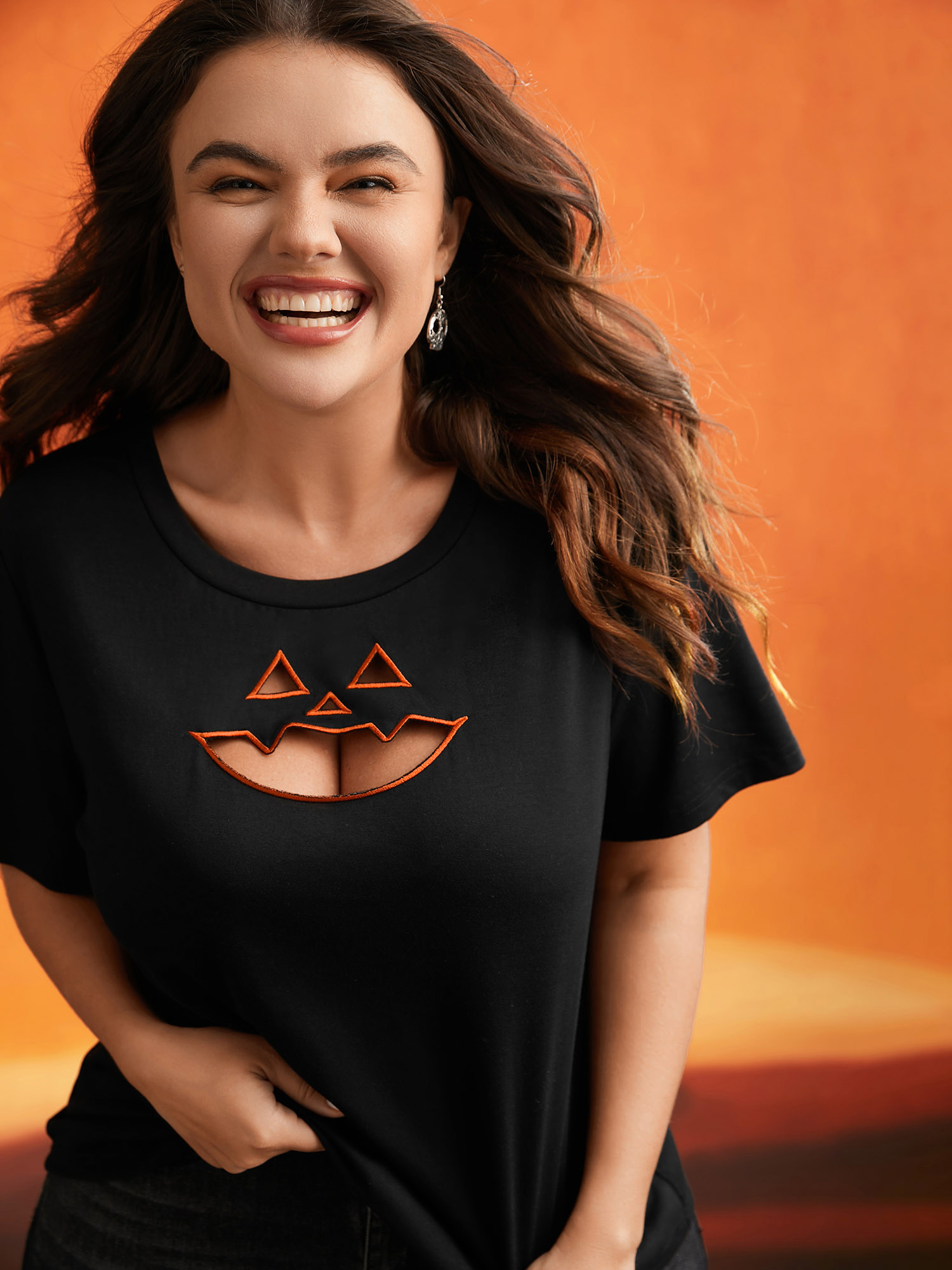 

Plus Size Jack-O-Lantern Neck Hollow Embroidered T-shirt Black Women Casual Cut-Out Halloween Round Neck Everyday T-shirts BloomChic