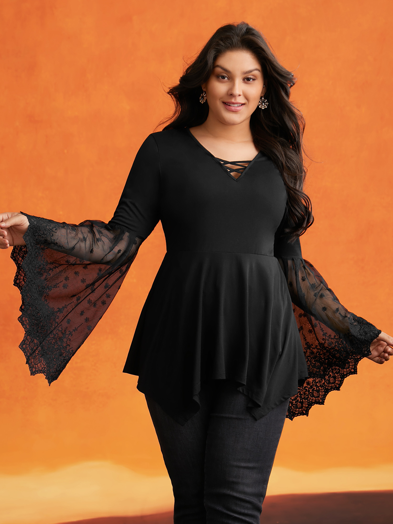 

Plus Size Cross Front Bell Sleeve Top Black Long Sleeve V-neck Elegant Knit Tops  Bloomchic