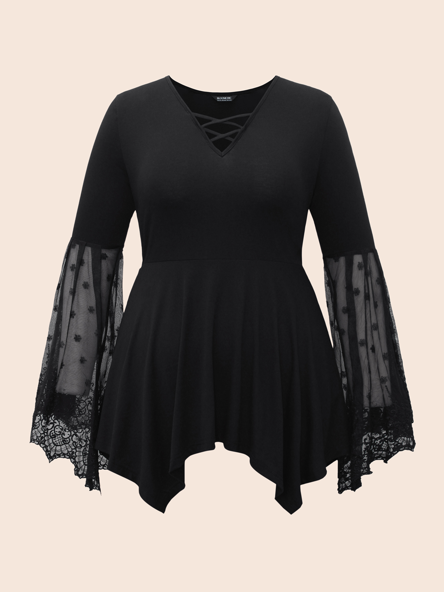 

Plus Size Cross Front Bell Sleeve Top Black Women Elegant See through V-neck Bodycon Everyday T-shirts BloomChic