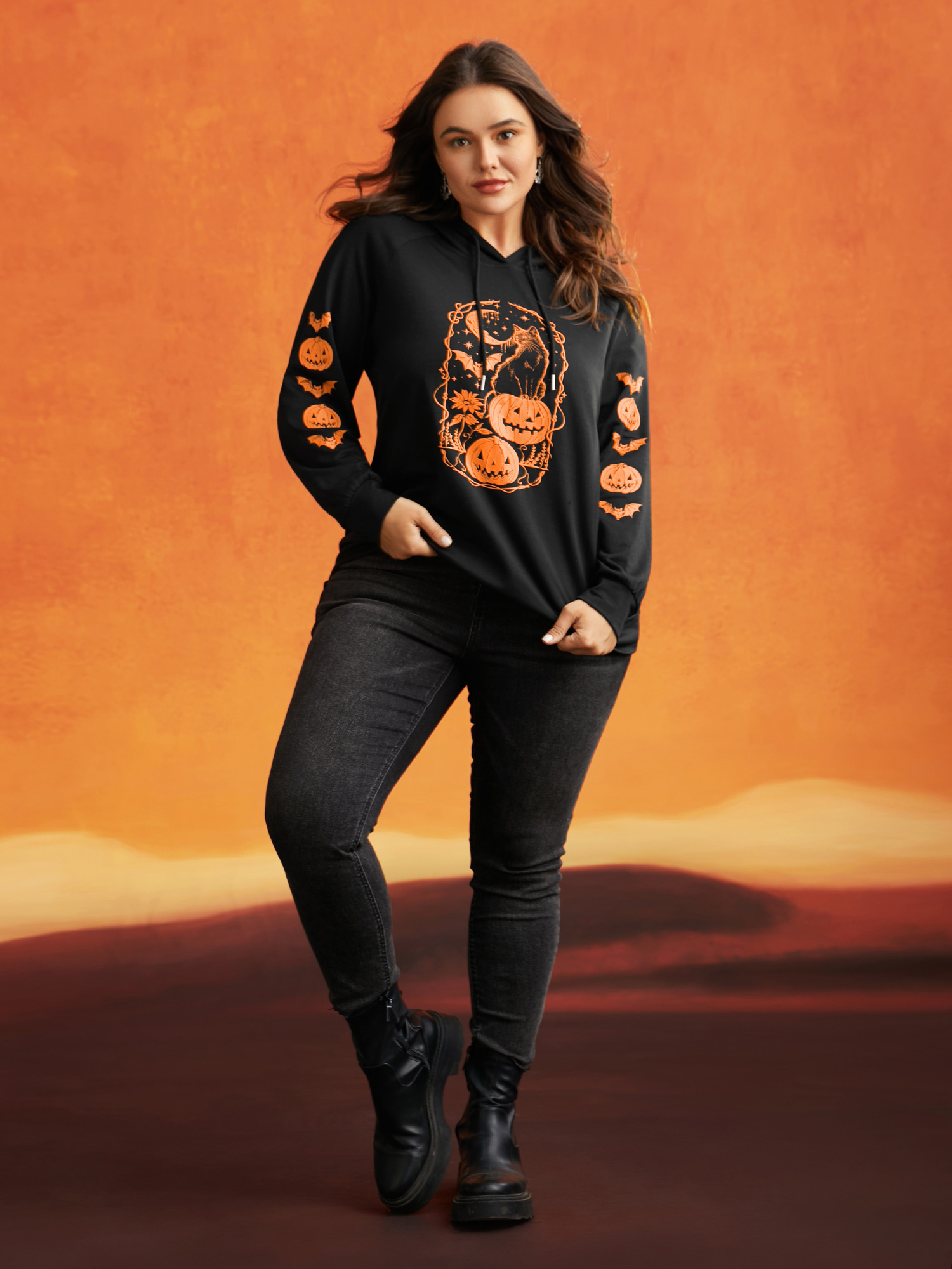 Plus Size Trick & Chic Graphic Sweatshirt Women Black Casual Drawstring Hooded Everyday Sweatshirts BloomChic 28/5X 