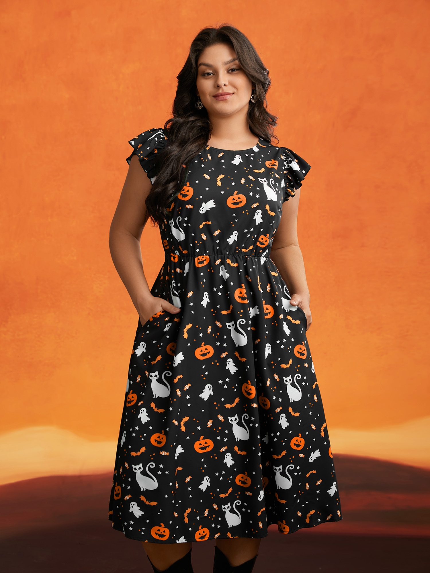 

Pumpkin Printed Ruffle Sleeves Midi Dress, Black