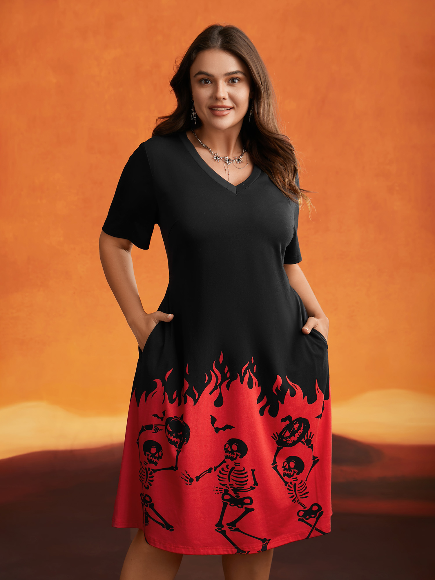 

Fiery Skull Flame Midi Dress, Black