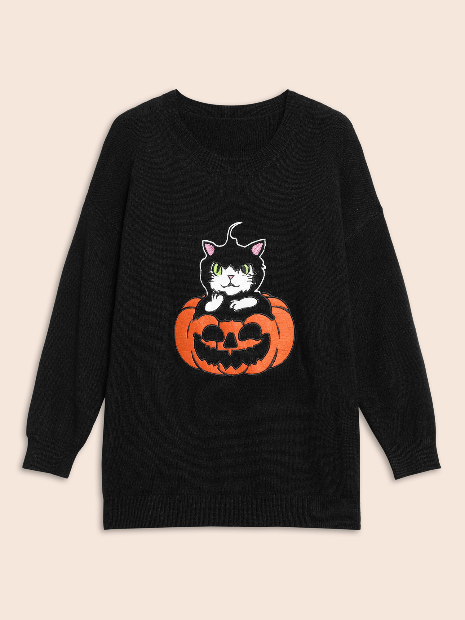 

Plus Size Embroidered Cat In Pumpkin Crew Neck Pullover Black Women Casual Long Sleeve Round Neck Everyday Pullovers BloomChic