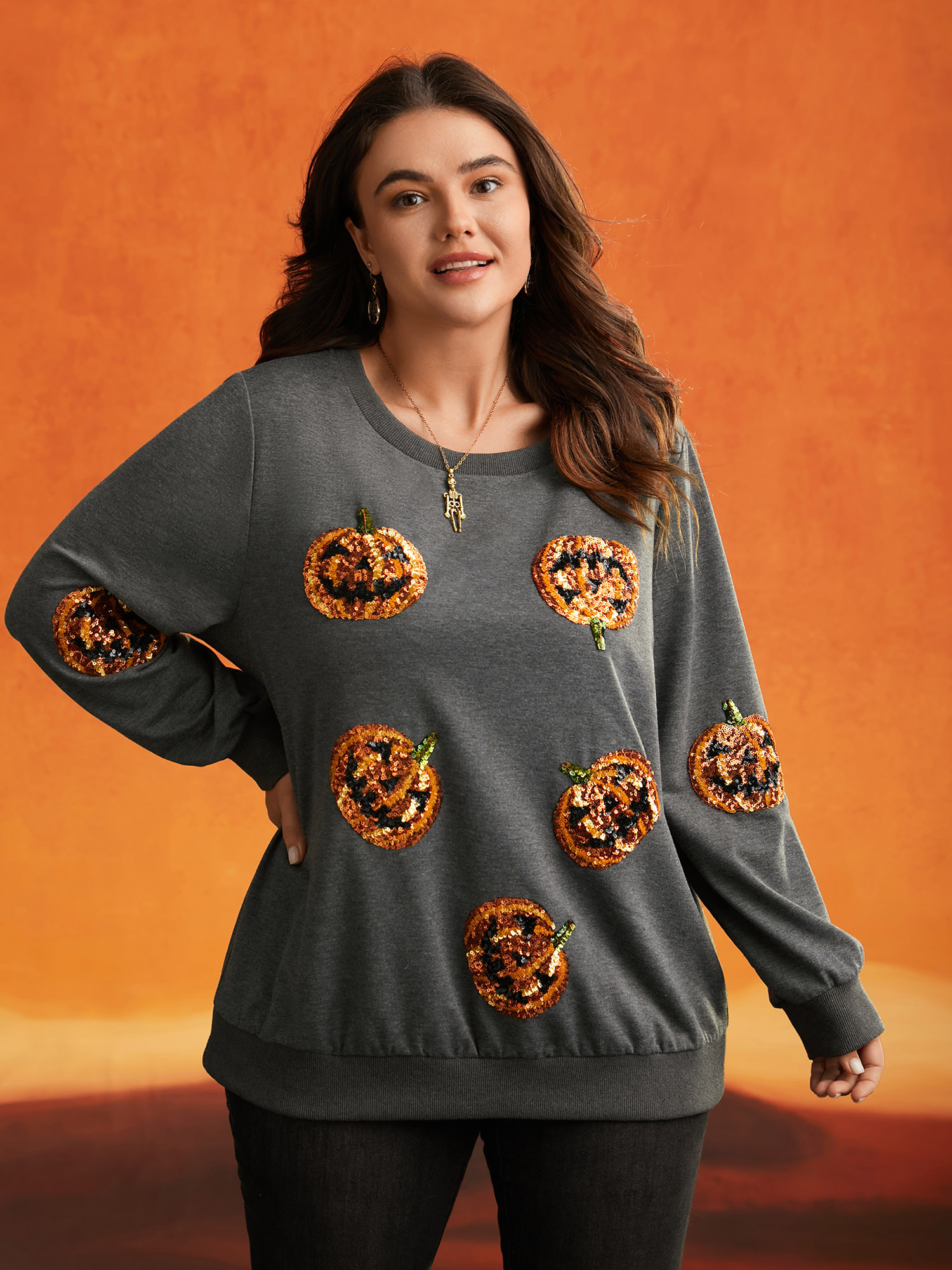 

Plus Size Jack-O-Lantern Sequin Sweatshirt Women DimGray Casual Contrast Loose Round Neck Everyday Sweatshirts BloomChic